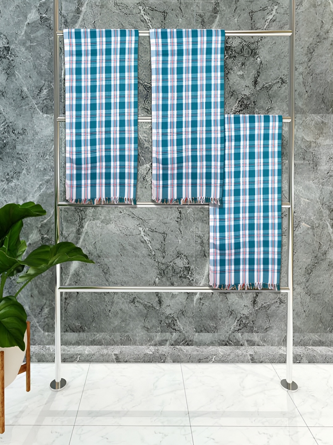 

Athom Living White & Green 3 Pieces Striped Cotton 150 GSM Towels