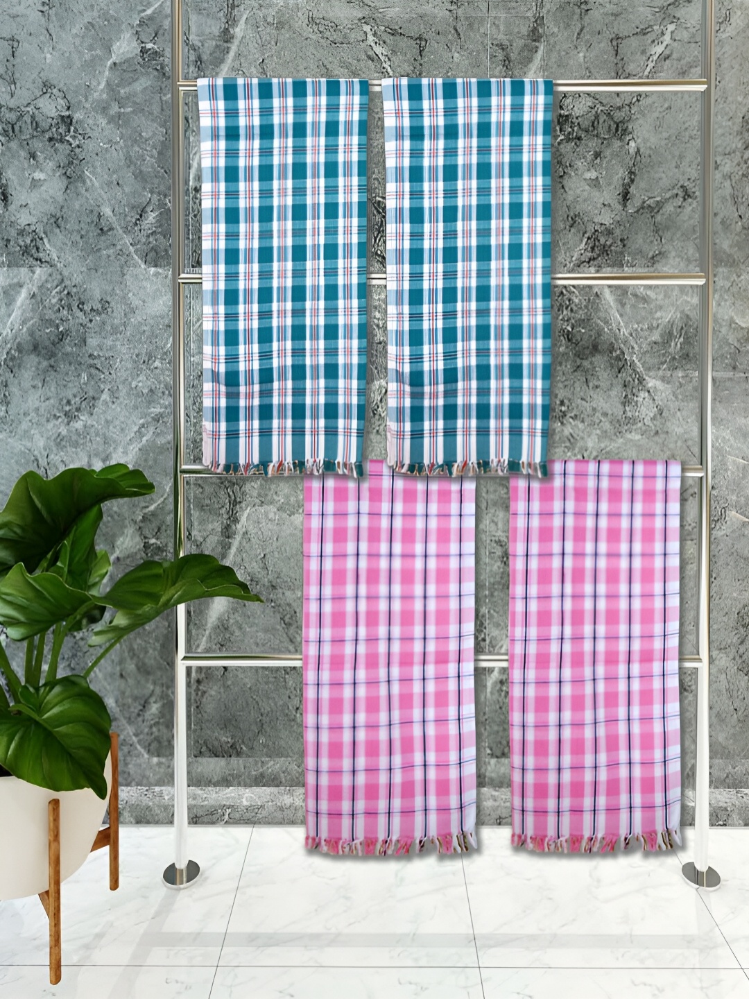 

Athom Living Pink & Blue 4 Pieces Striped Cotton 150 GSM Towels