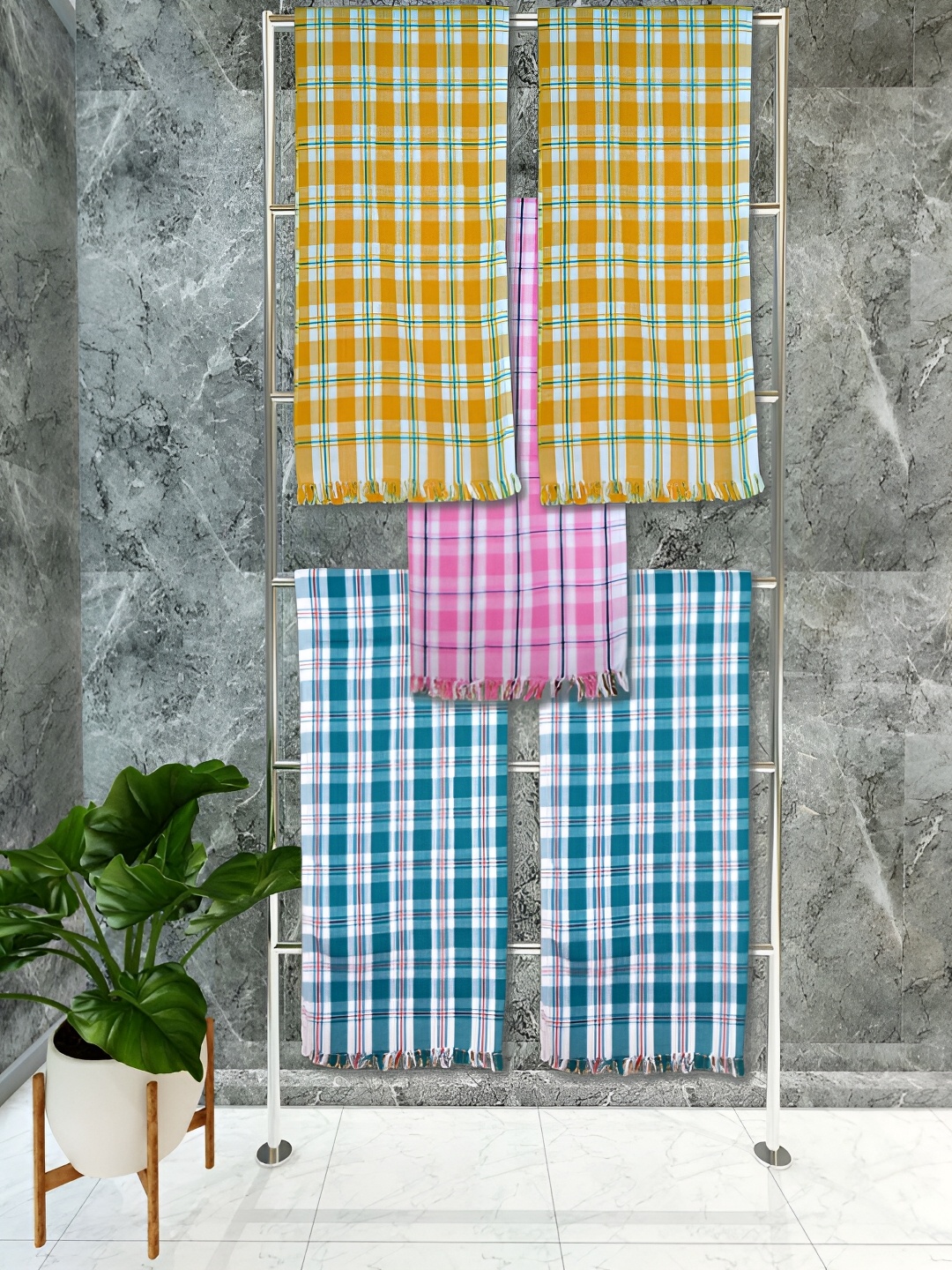 

Athom Living Blue & Pink 5 Pieces Striped Cotton 150 GSM Towels