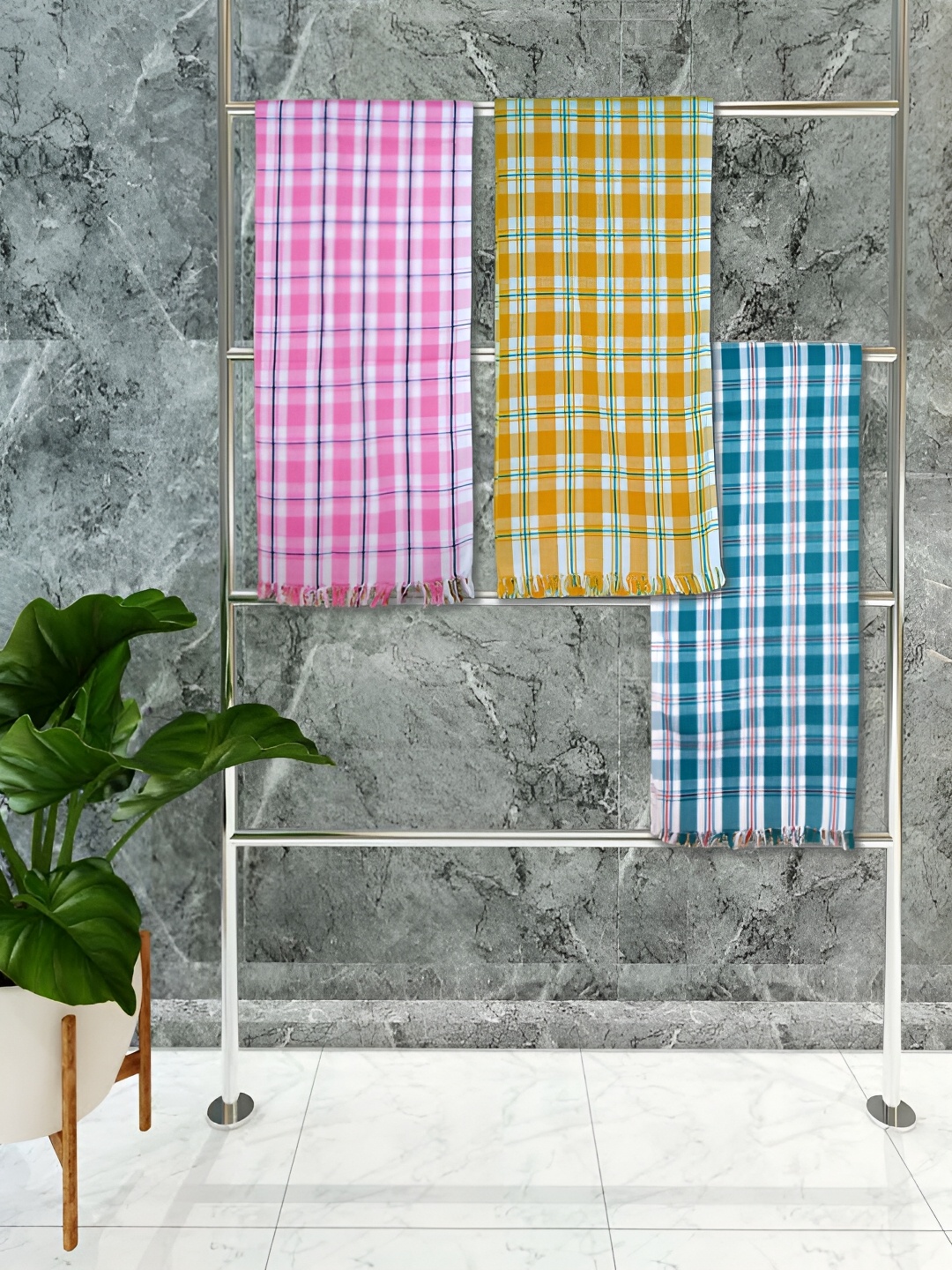 

Athom Living Pink & Yellow 3 Pieces Striped Cotton 150 GSM Towels