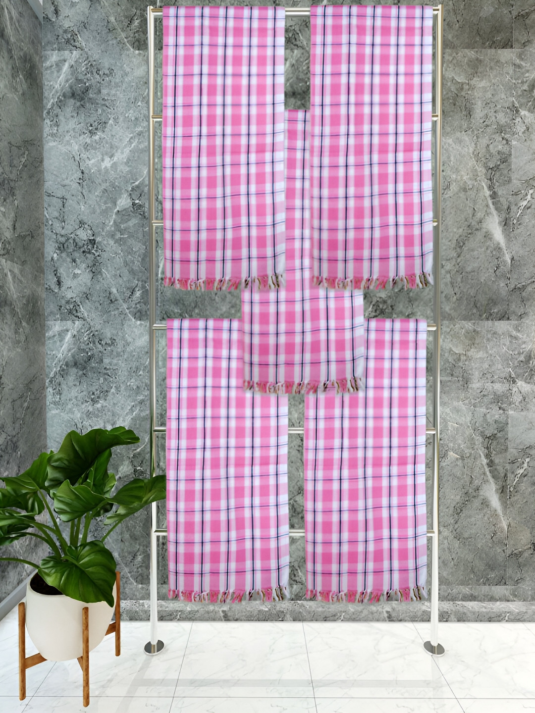 

Athom Living Pink & Blue 5 Pieces Striped Cotton 150 GSM Towels