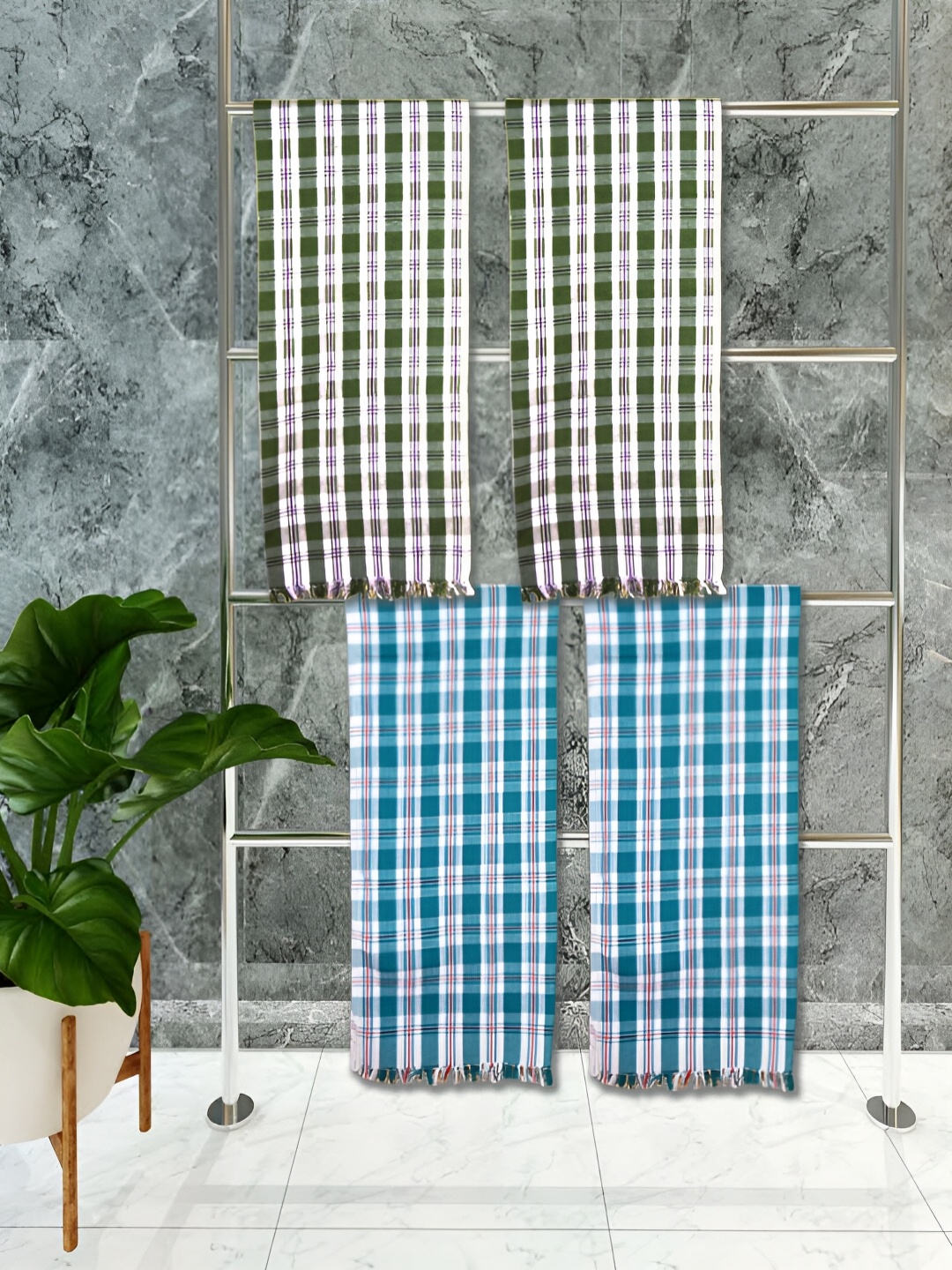 

Athom Living Green & Blue 5 Pieces Striped Cotton 150 GSM Towels