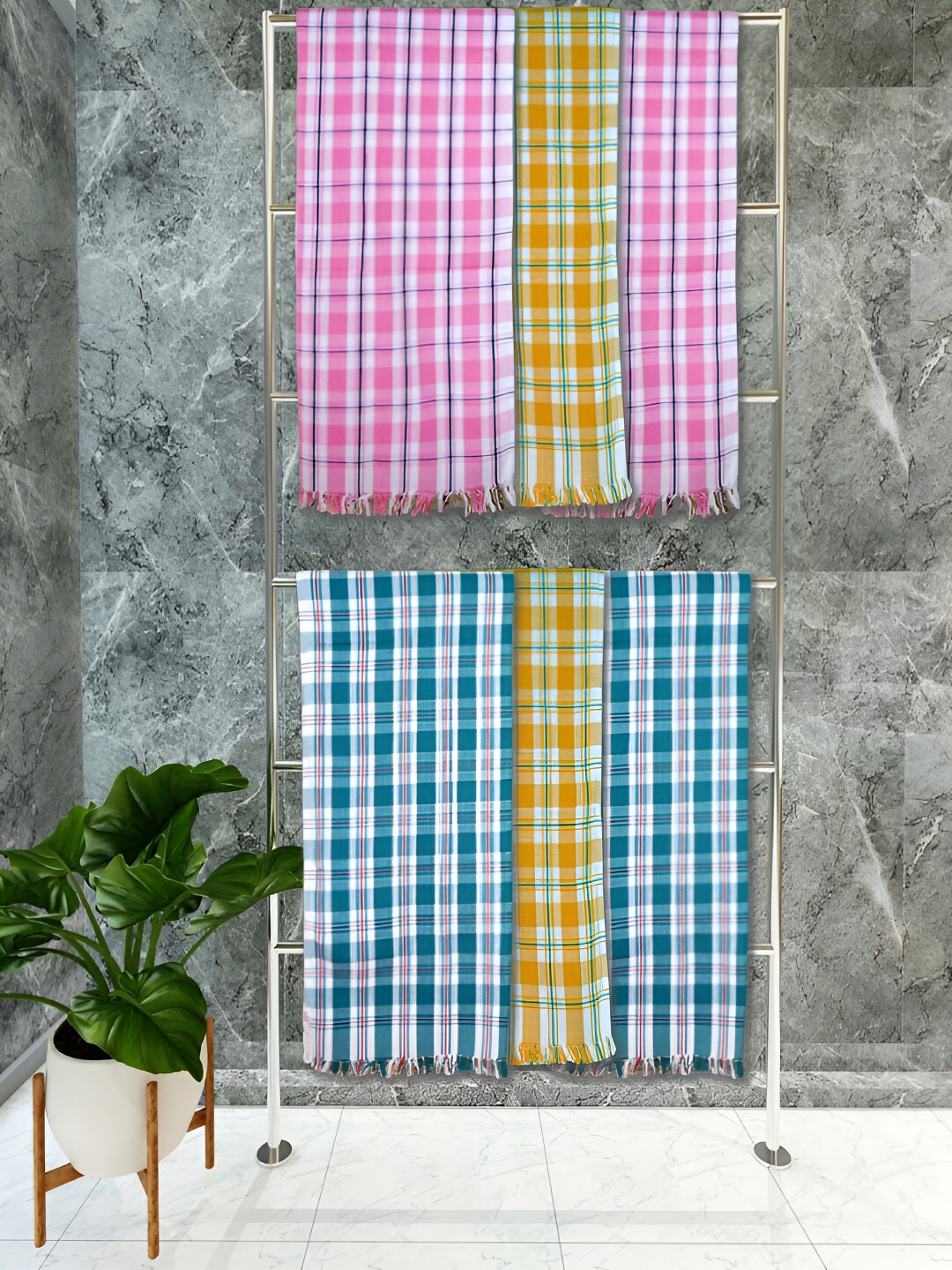 

Athom Living Blue & Orange 6 Pieces Checkered Cotton 150 GSM Towel Set