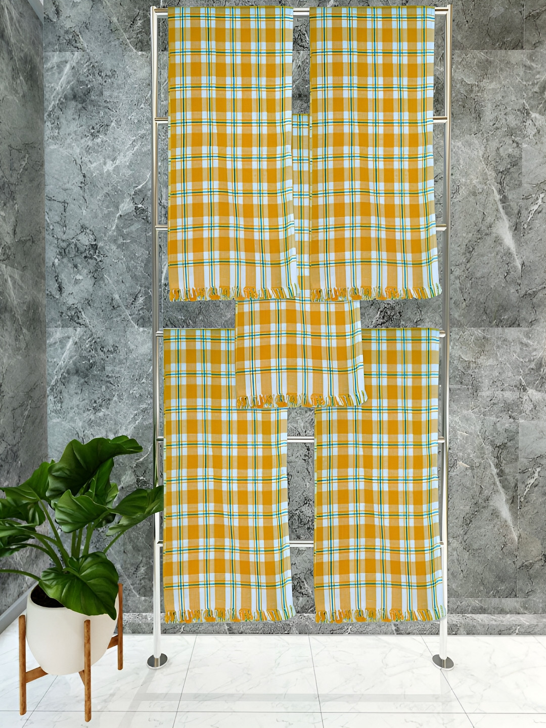 

Athom Living Yellow & White 5 Pieces Checkered Cotton 150 GSM Towel Set