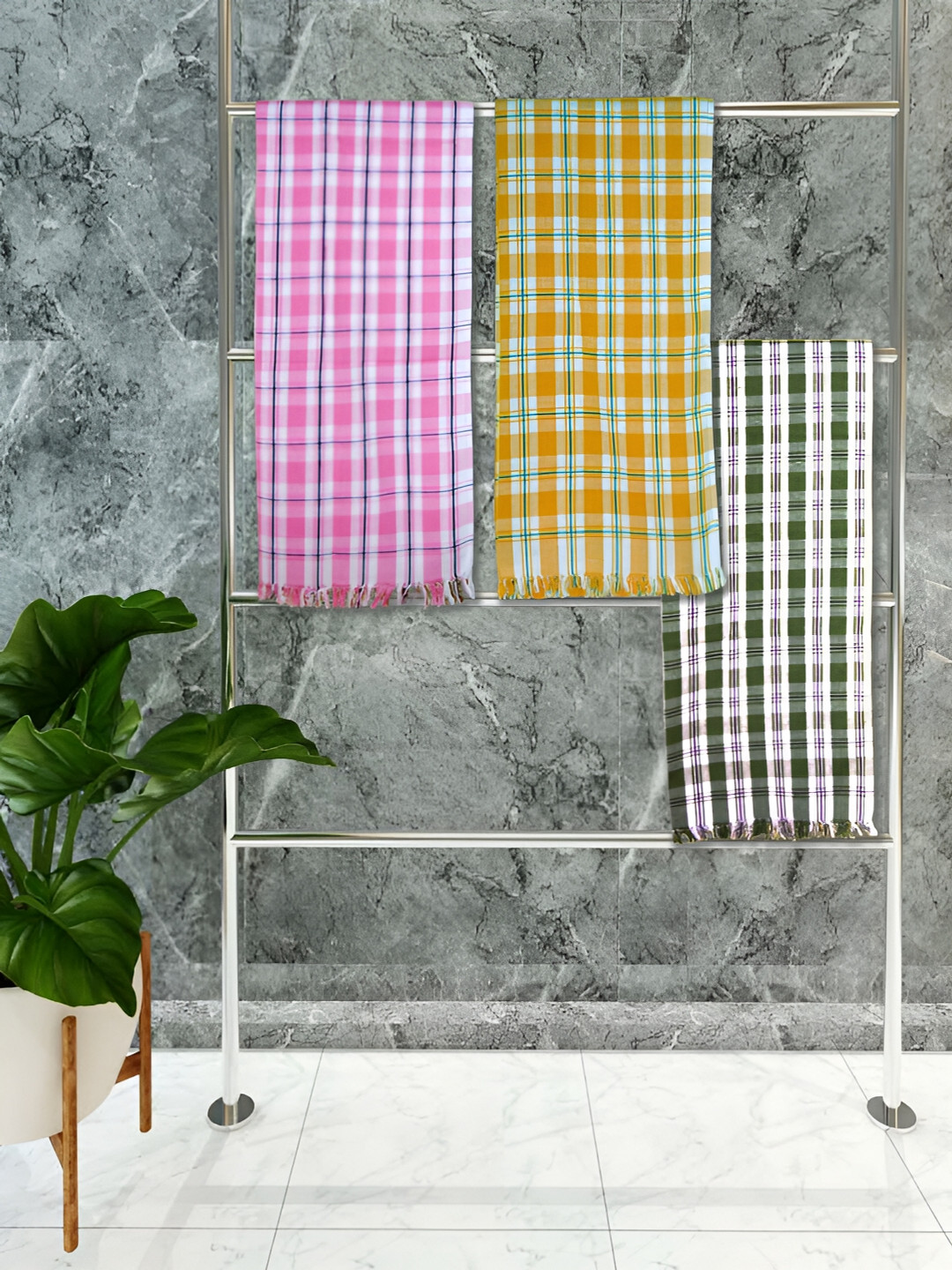 

Athom Living White & Yellow 3 Pieces Checkered Cotton 150 GSM Towel Set