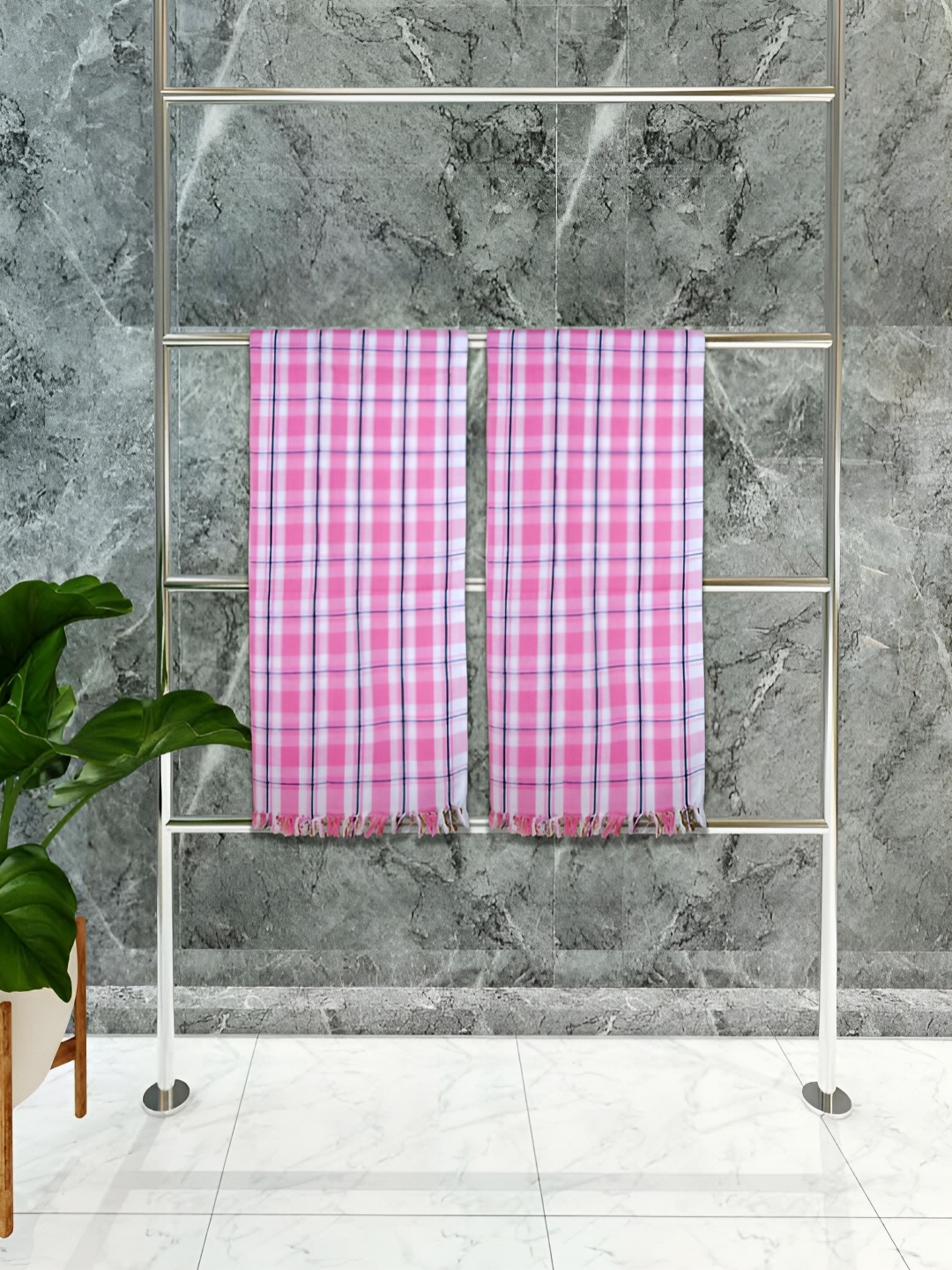 

Athom Living Pink & Blue 2 Pieces Checkered Cotton 150 GSM Towel Set