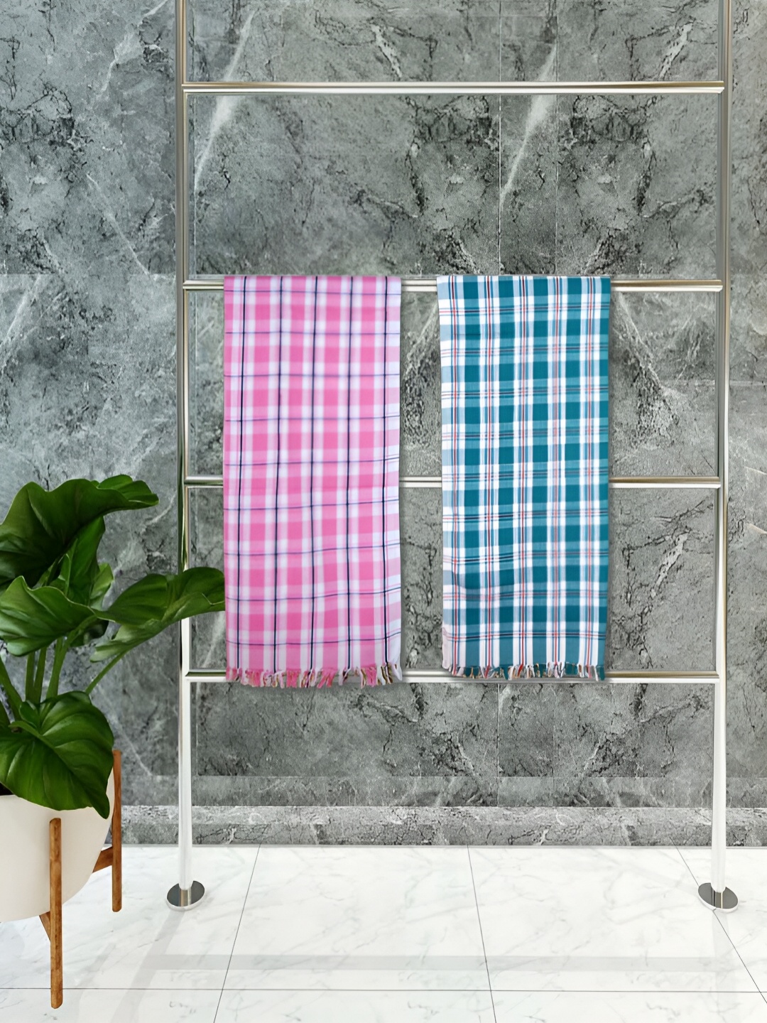 

Athom Living Blue & Pink 2 Pieces Checkered Cotton 150 GSM Towel Set