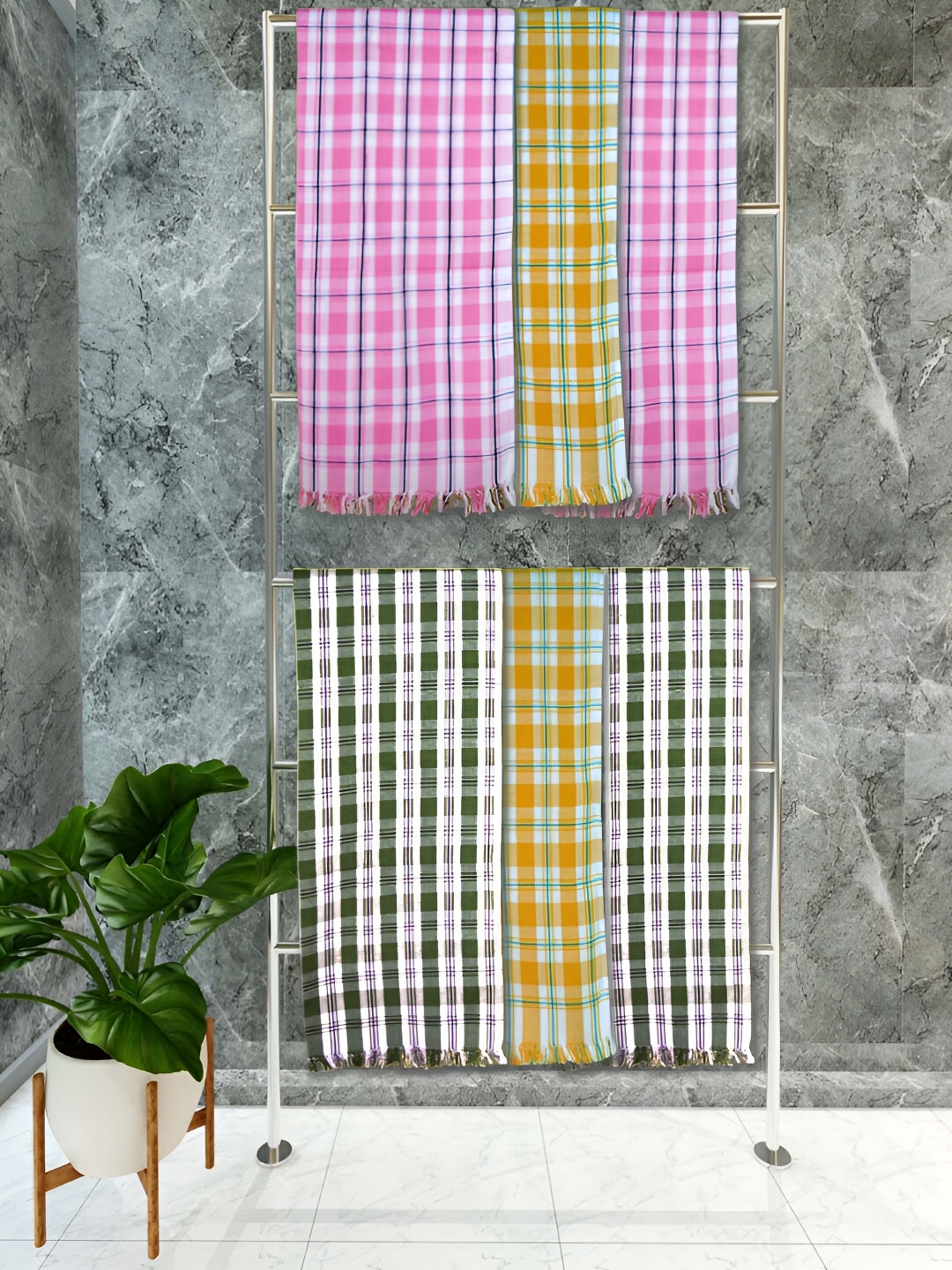 

Athom Living White & Yellow 6 Pieces Checkered Cotton 150 GSM Towel Set