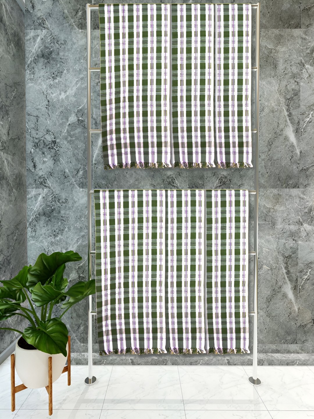 

Athom Living Green & Purple 6 Pieces Checkered Cotton 150 GSM Towel Set