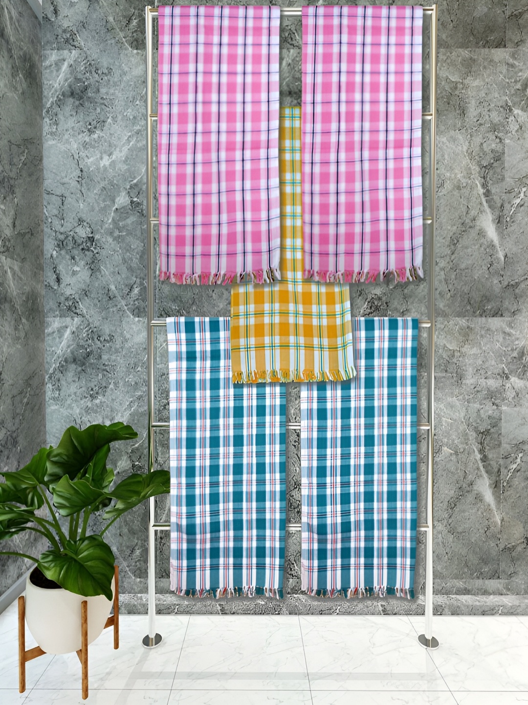 

Athom Living Yellow & Pink 5 Pieces Checkered Cotton 150 GSM Towel Set