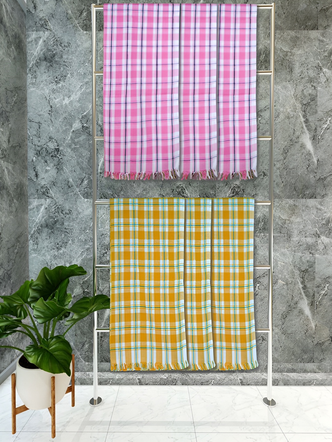 

Athom Living Yellow & Pink 6 Pieces Checkered Cotton 150 GSM Towel Set