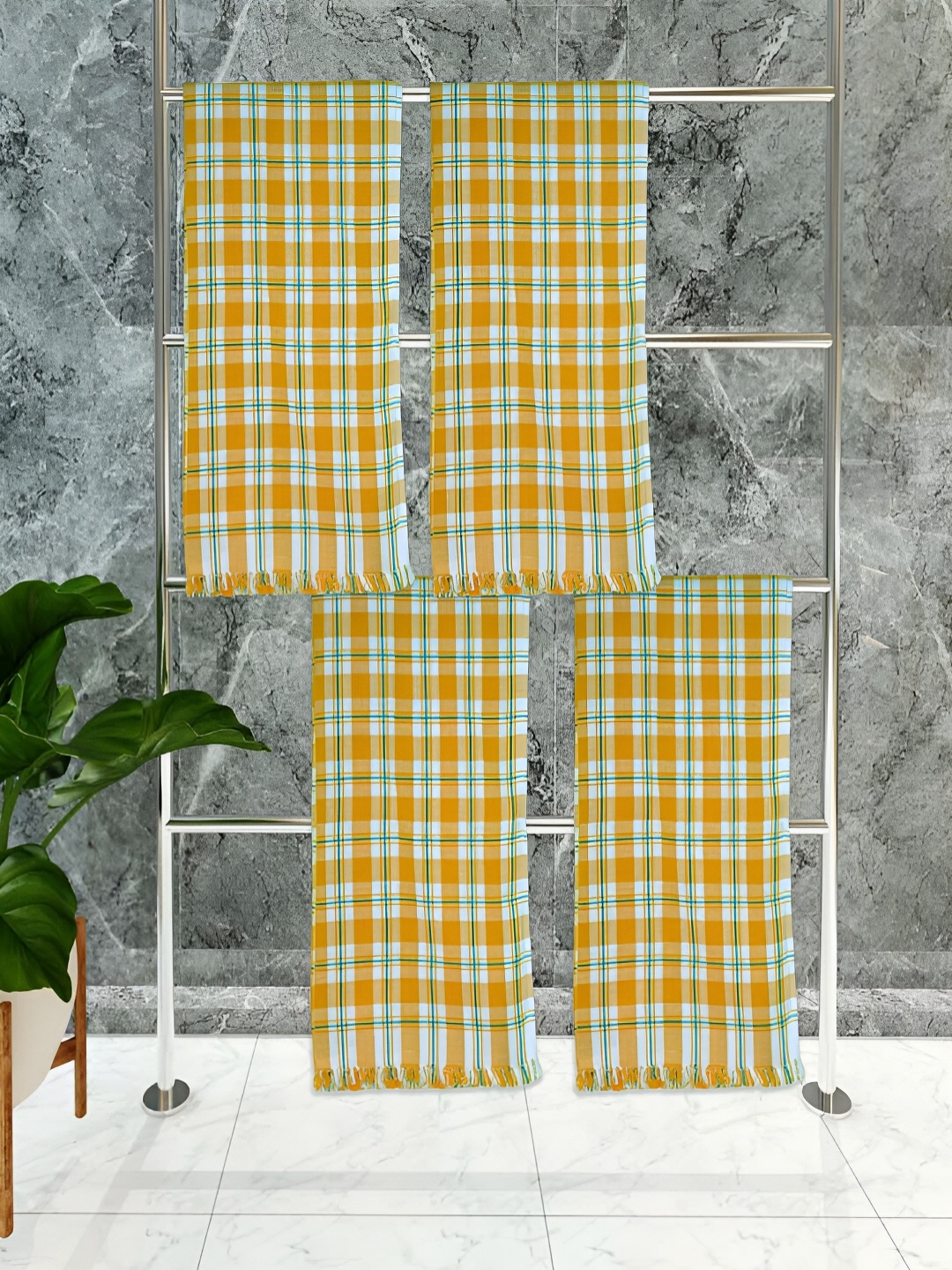 

Athom Living Yellow & White 4 Piece Checkered Cotton 150 GSM Towel Set