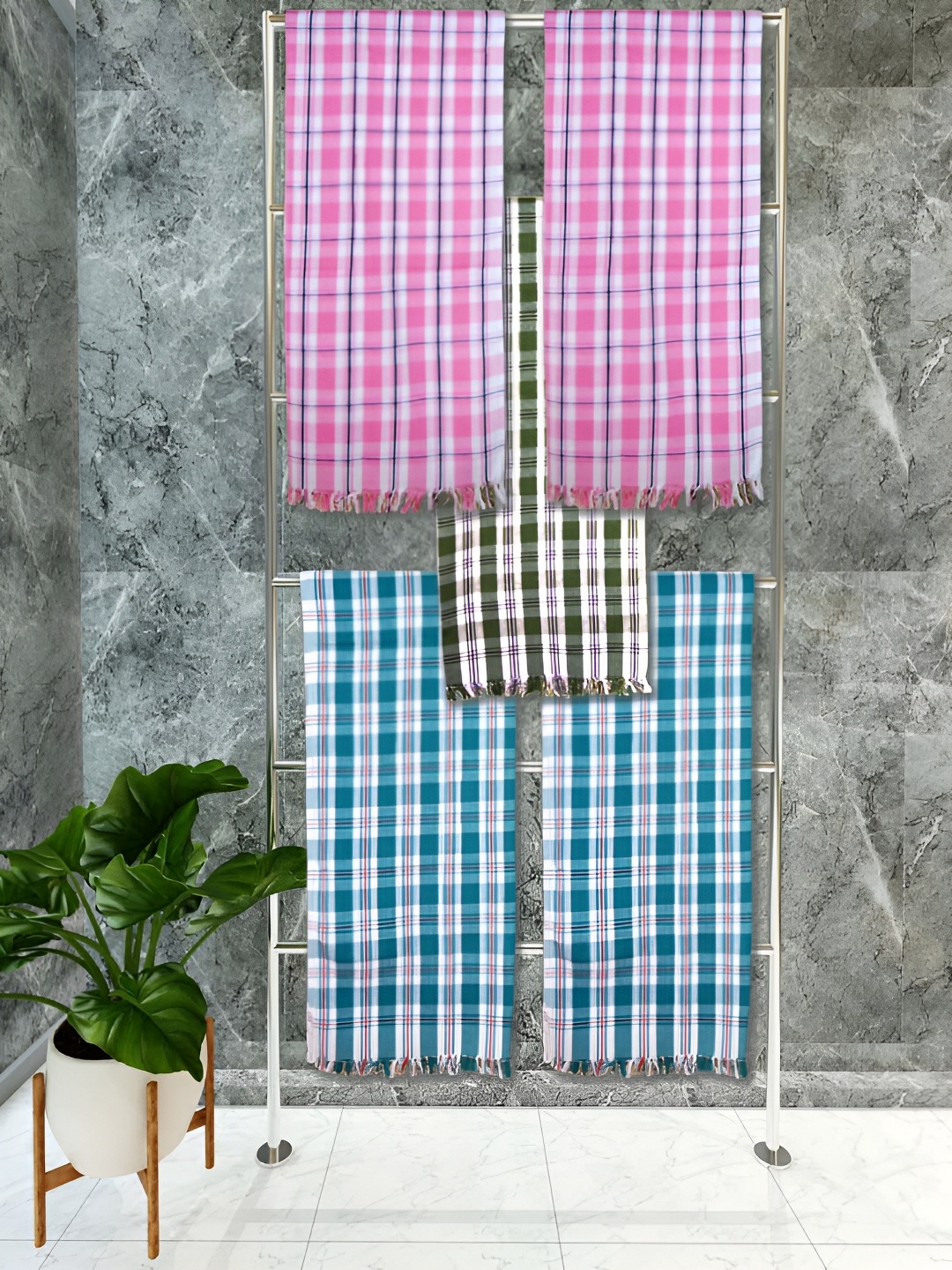 

Athom Living White & Blue 5 Piece Checkered Cotton 150 GSM Towel Set