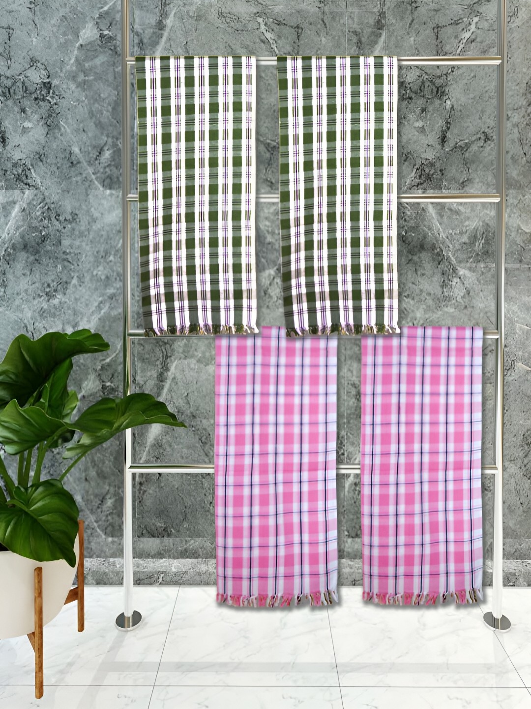 

Athom Living Green & White 4 Piece Checkered Cotton 150 GSM Towel Set