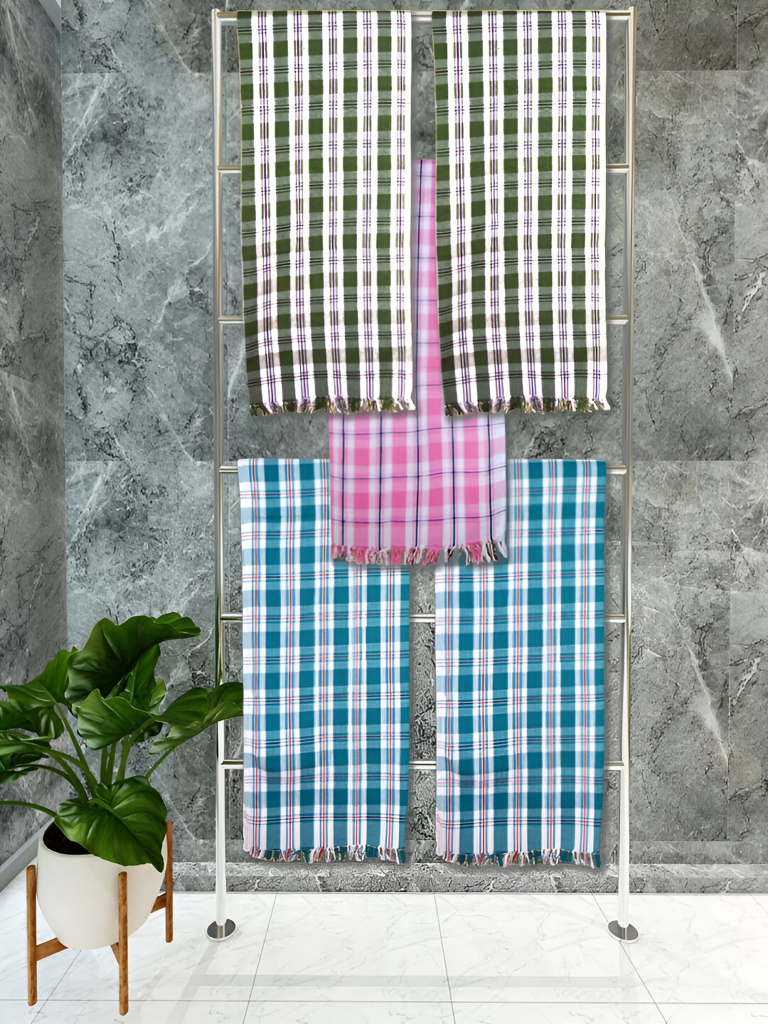 

Athom Living Blue & Pink 5 Piece Checkered Cotton 150 GSM Towel Set