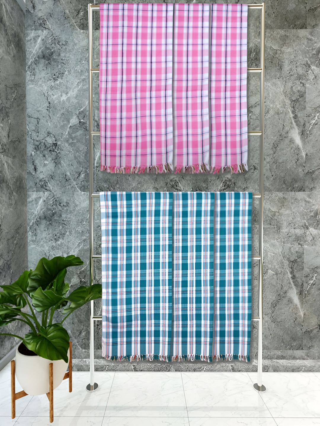 

Athom Living Green & Pink 6 Piece Checkered Cotton 150 GSM Towel Set