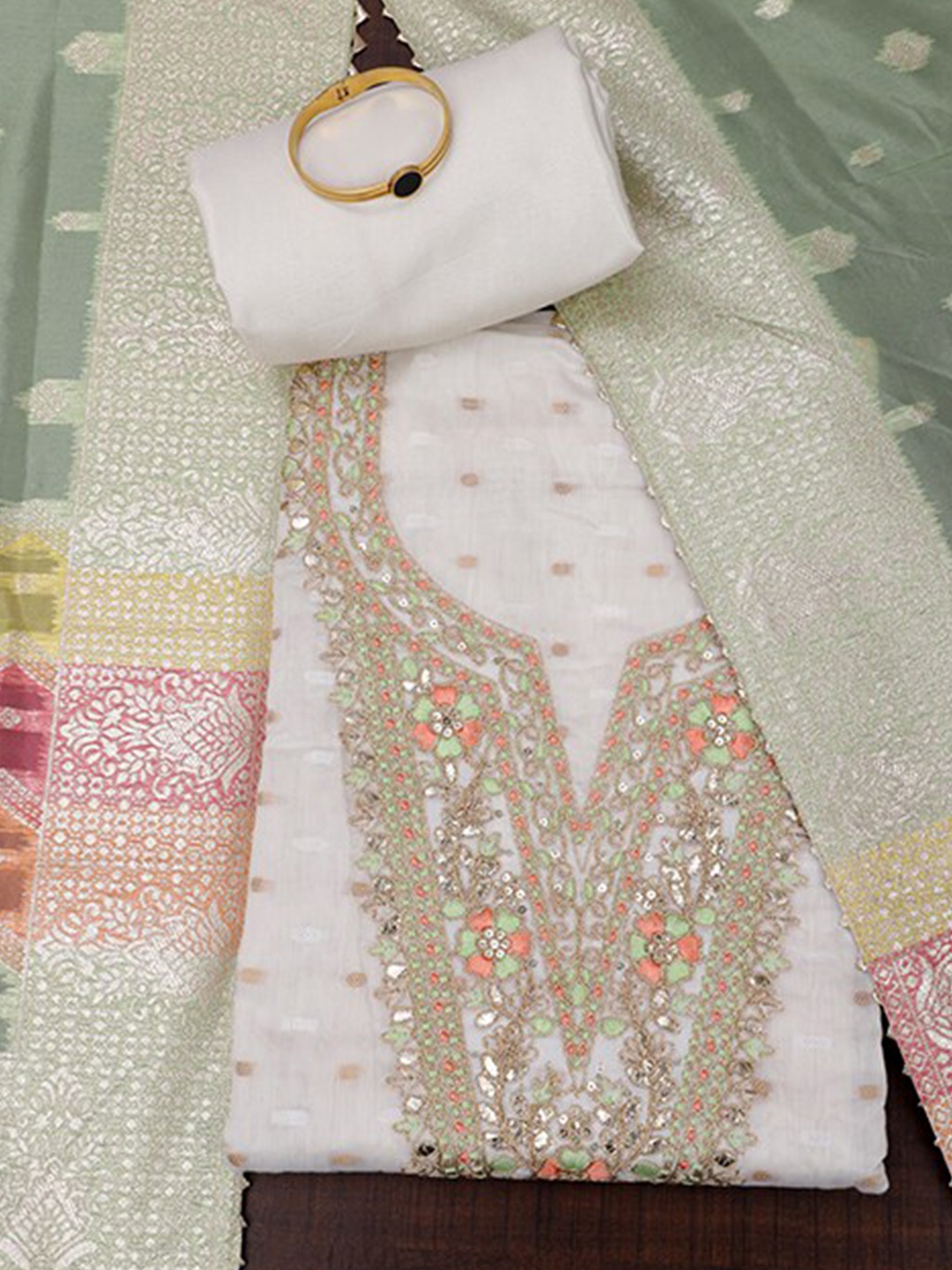 

SALWAR STUDIO Ethnic Motifs Woven Designed Pure Silk Sequined Unstitched Dress Material, Off white