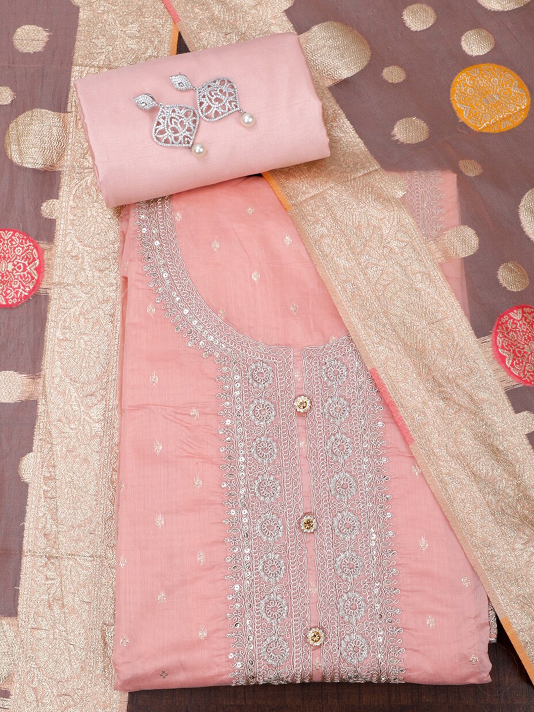 

SALWAR STUDIO Ethnic Motifs Woven Designed Pure Silk Sequined Unstitched Dress Material, Peach