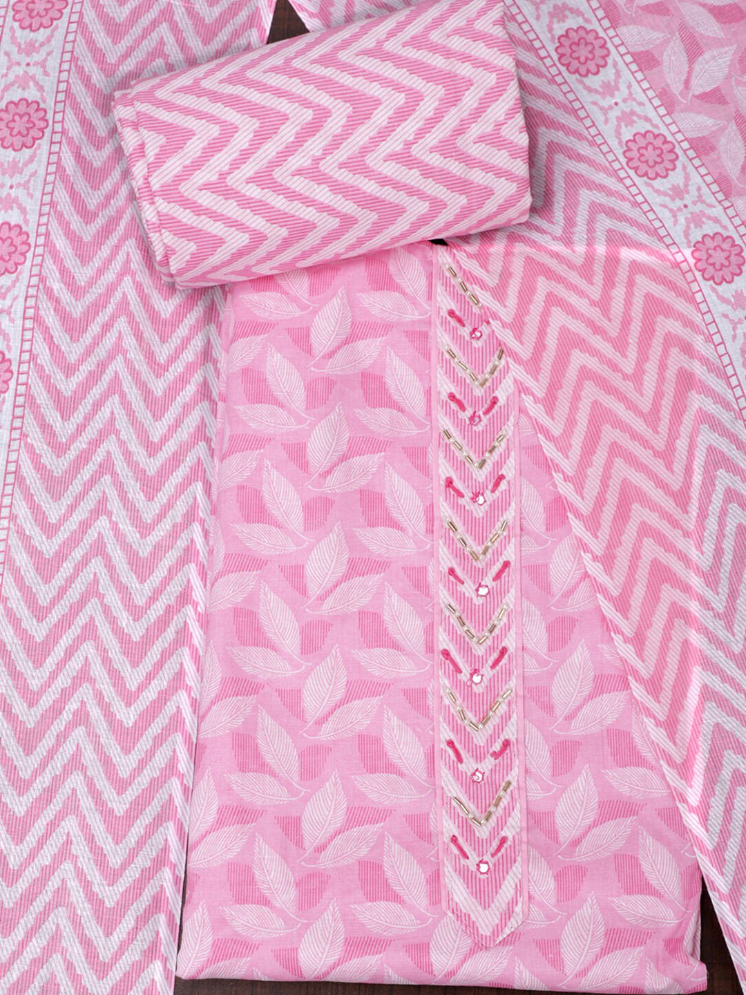 

SALWAR STUDIO Floral Printed Mirror Work Pure Cotton Unstitched Dress Material, Pink