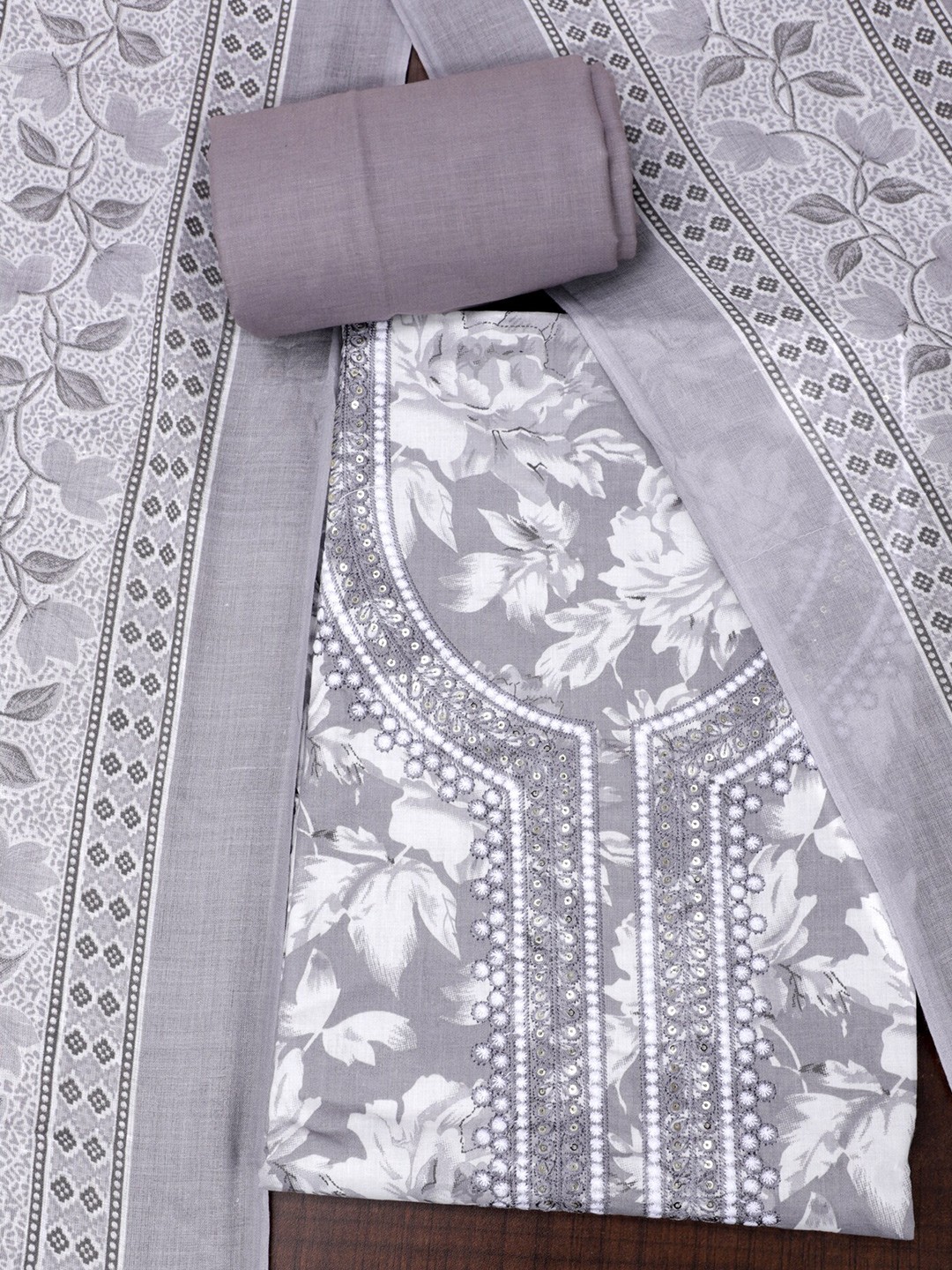 

SALWAR STUDIO Floral Printed Thread Work Pure Cotton Unstitched Dress Material, Grey