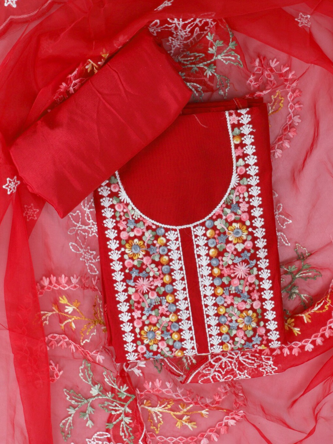 

SALWAR STUDIO Floral Embroidered Unstitched Dress Material, Red