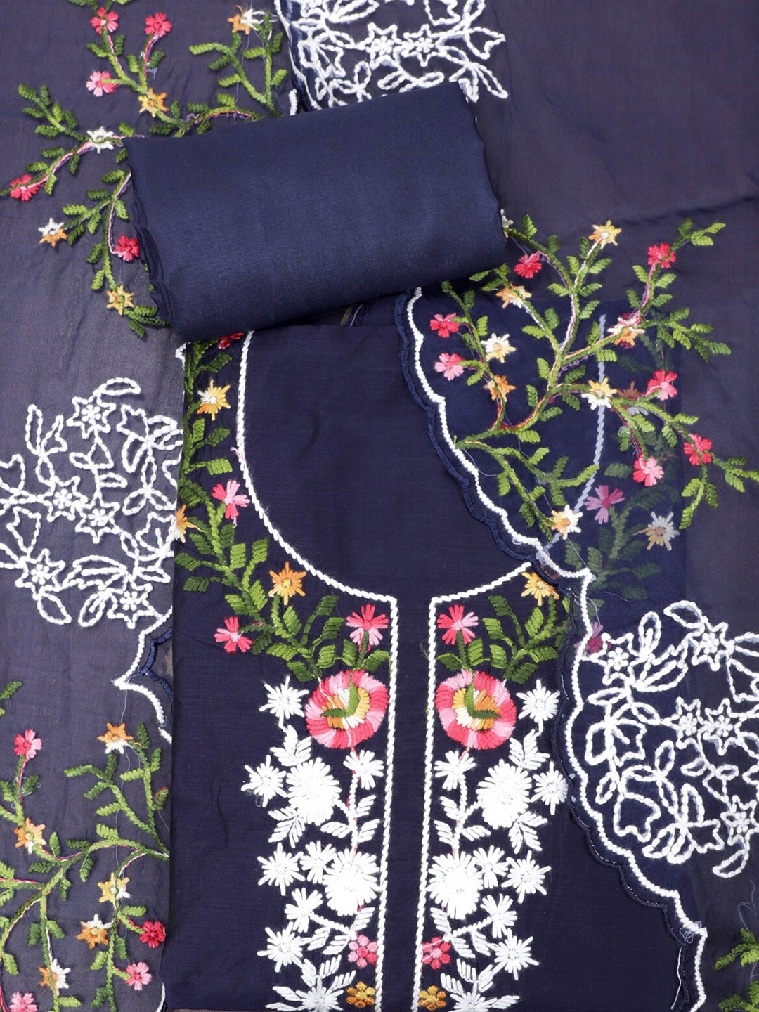 

SALWAR STUDIO Floral Embroidered Unstitched Dress Material, Navy blue