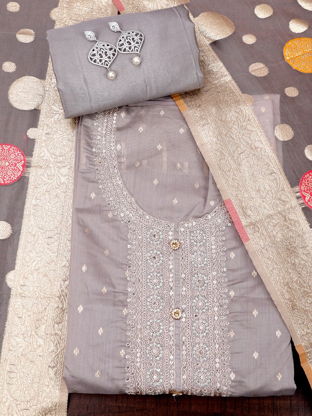 

SALWAR STUDIO Ethnic Motif Woven Design Sequinned Unstitched Dress Material, Grey