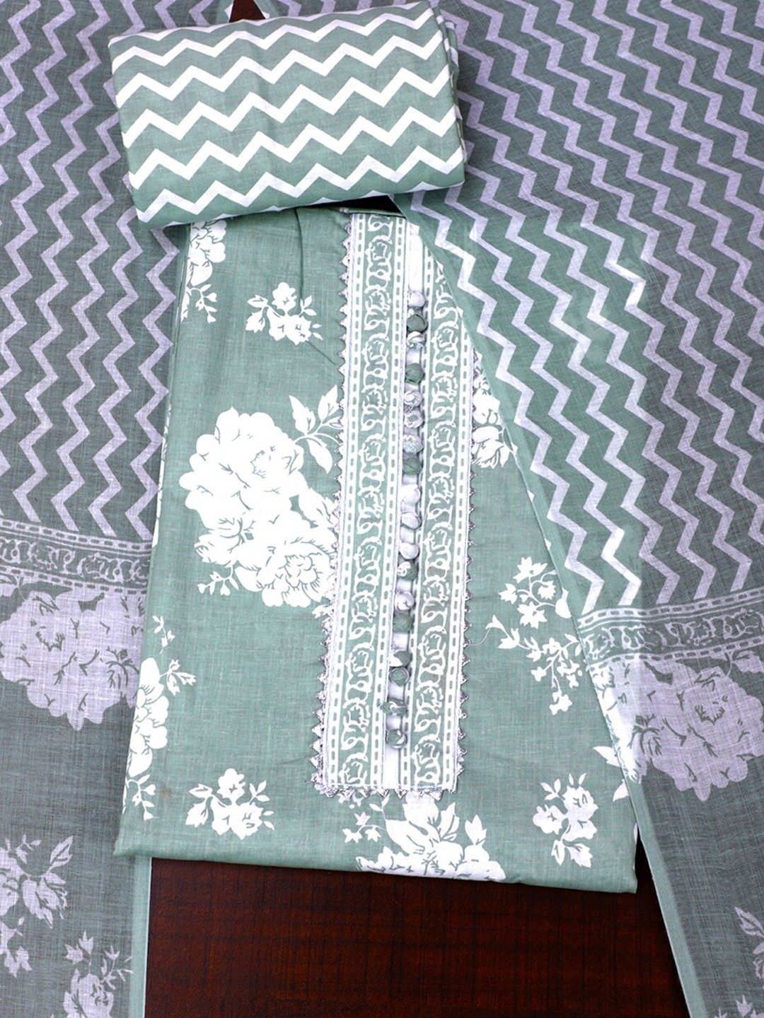 

SALWAR STUDIO Floral Printed Gotta Patti Pure Cotton Unstitched Dress Material, Olive