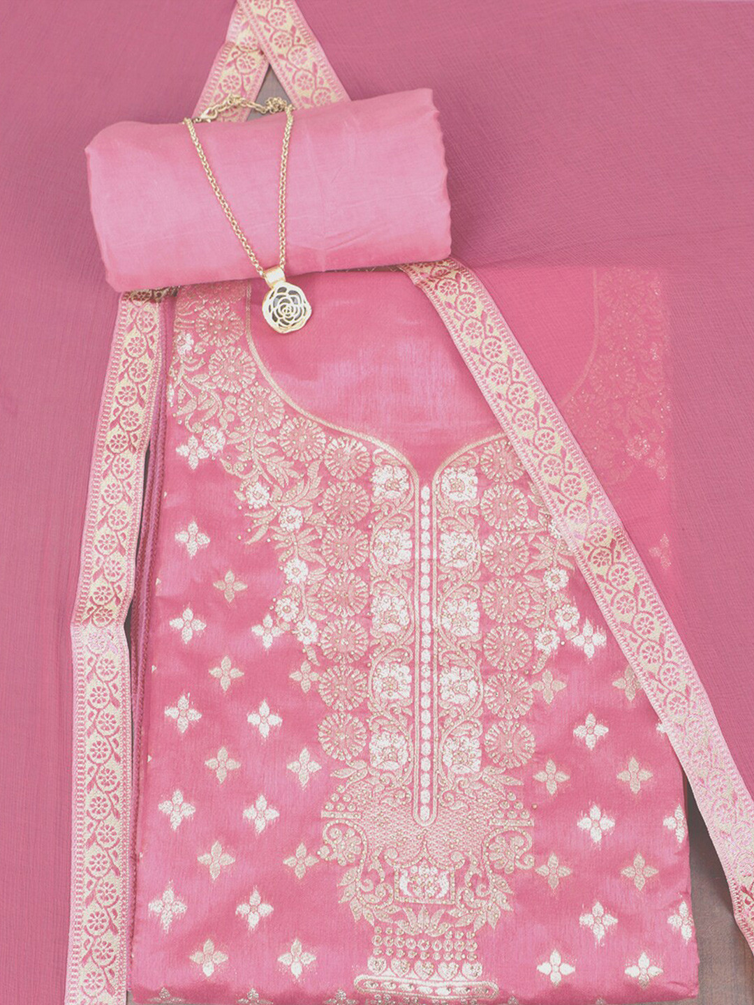 

SALWAR STUDIO Ethnic Motif Woven Design Unstitched Dress Material, Pink