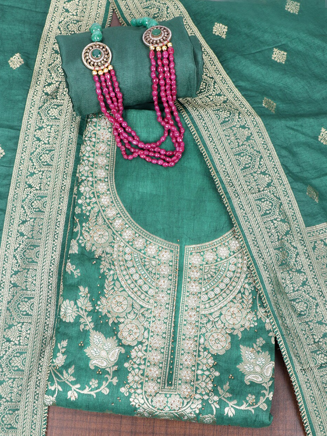 

SALWAR STUDIO Ethnic Motif Woven Design Zari Unstitched Dress Material, Green