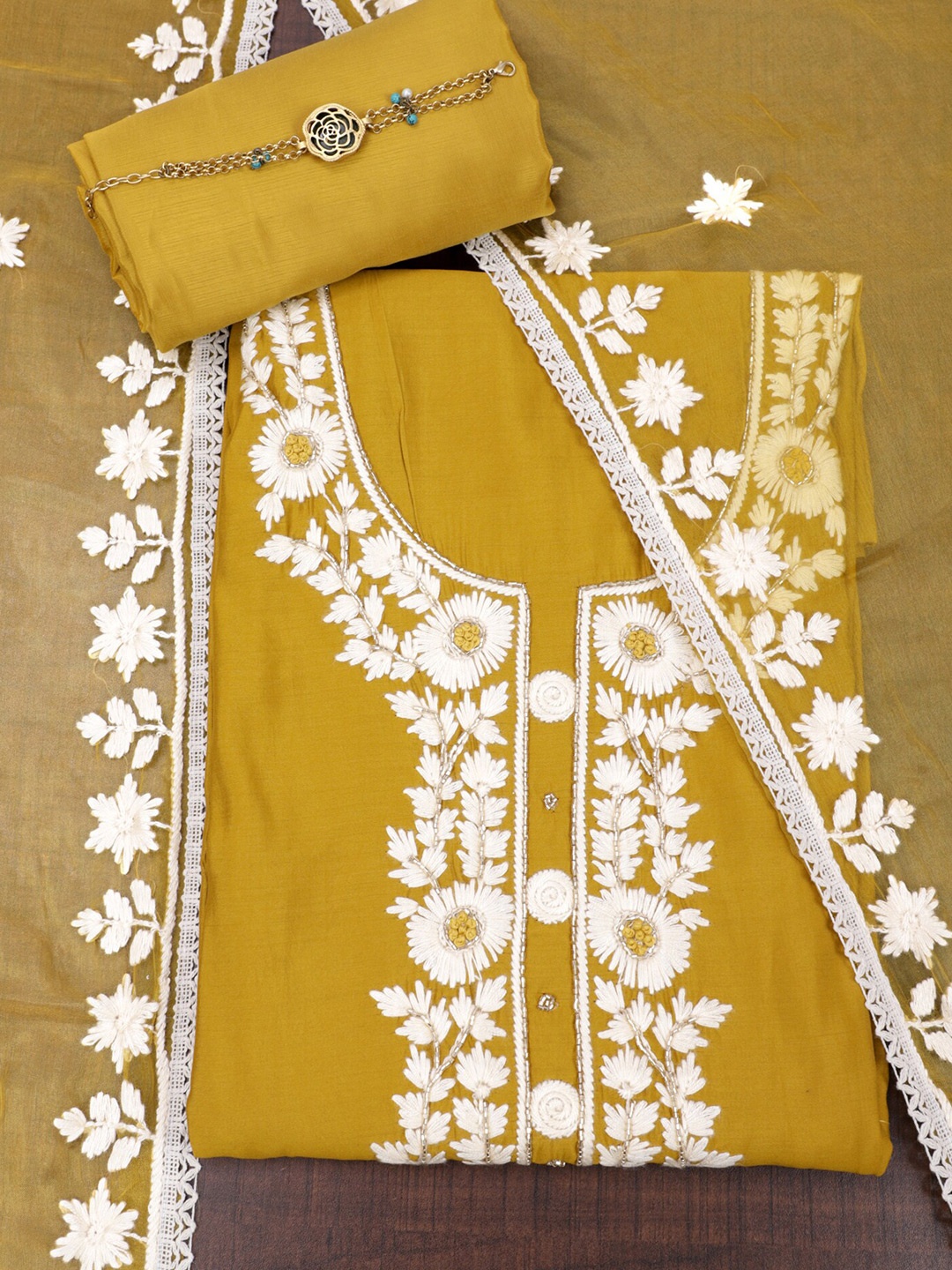

SALWAR STUDIO Floral Embroidered Pure Silk Unstitched Dress Material, Mustard