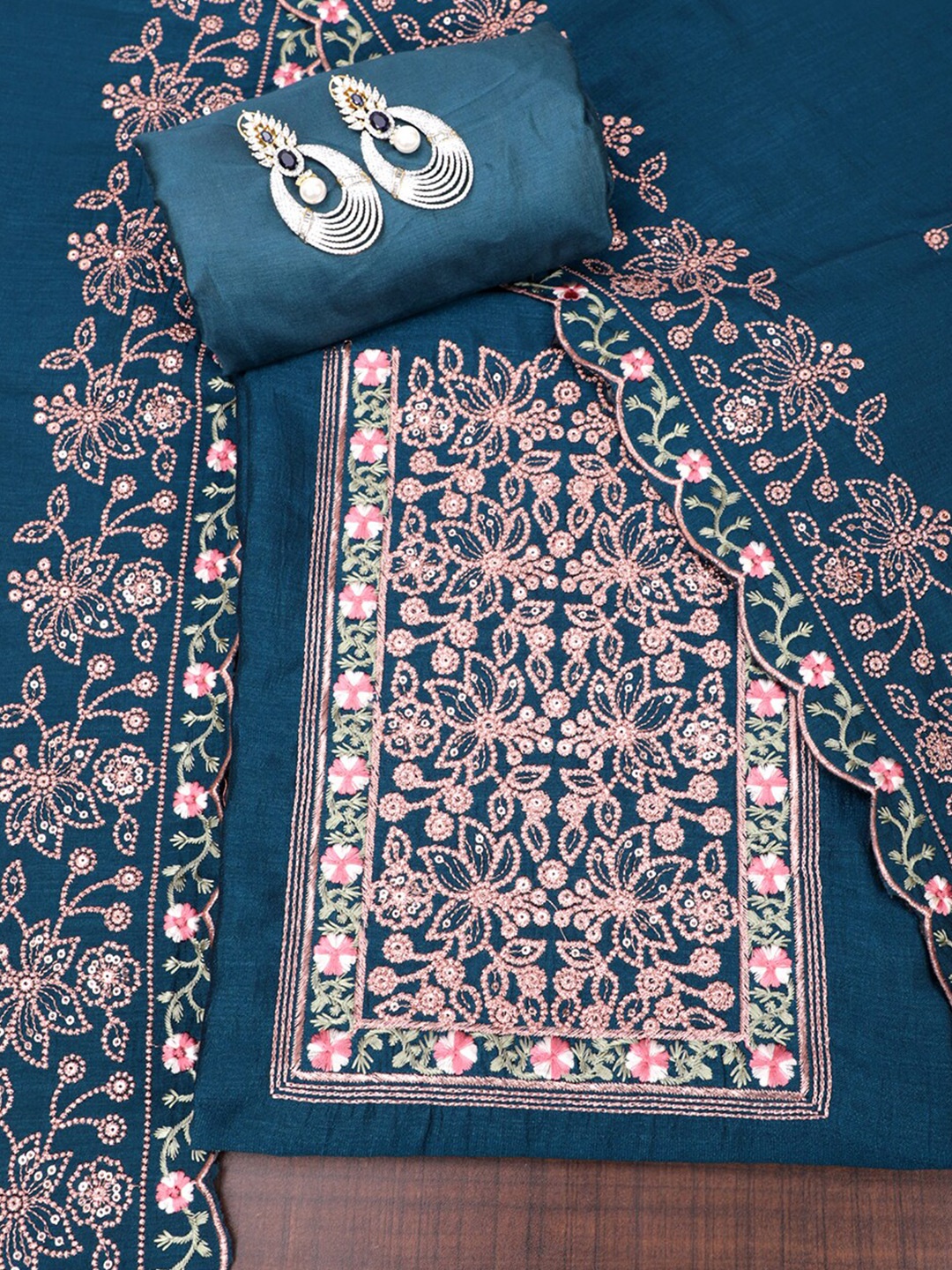 

SALWAR STUDIO Ethnic Motif Embroidered Unstitched Dress Material, Teal