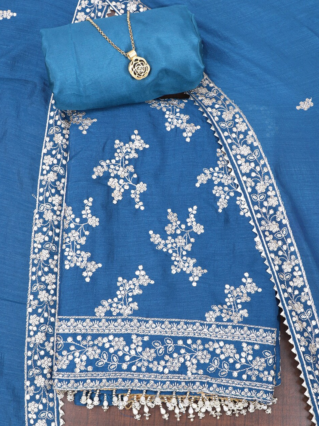 

SALWAR STUDIO Floral Embroidered Sequinned Unstitched Dress Material, Blue