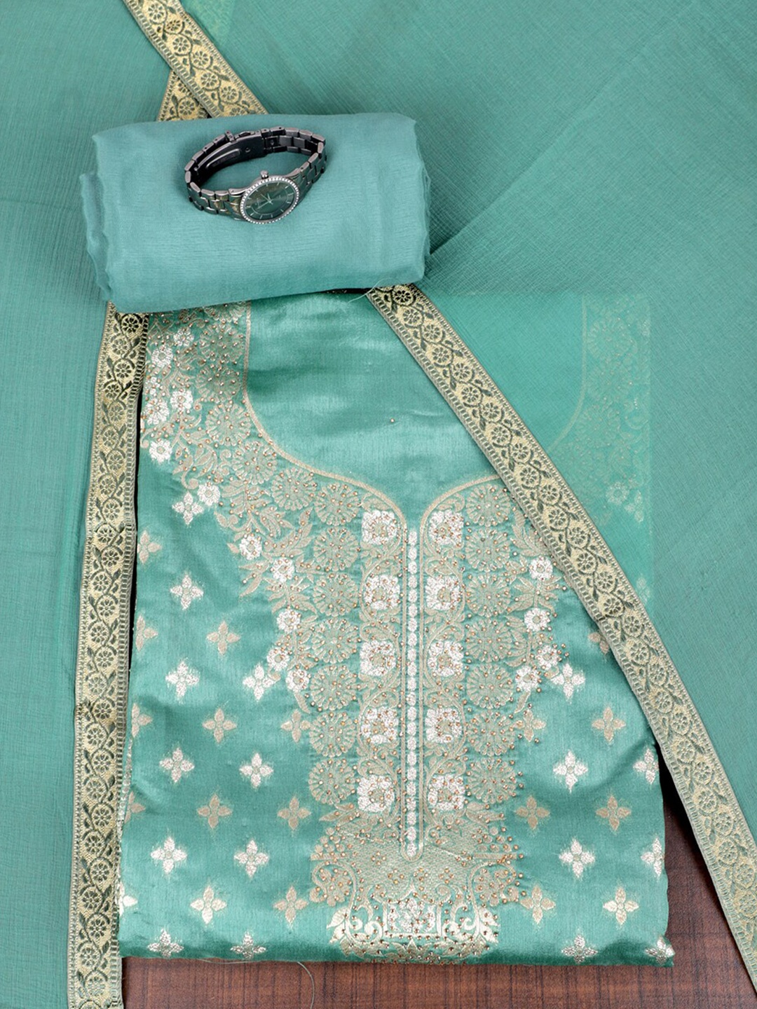 

SALWAR STUDIO Ethnic Motifs Woven Design Unstitched Dress Material, Green