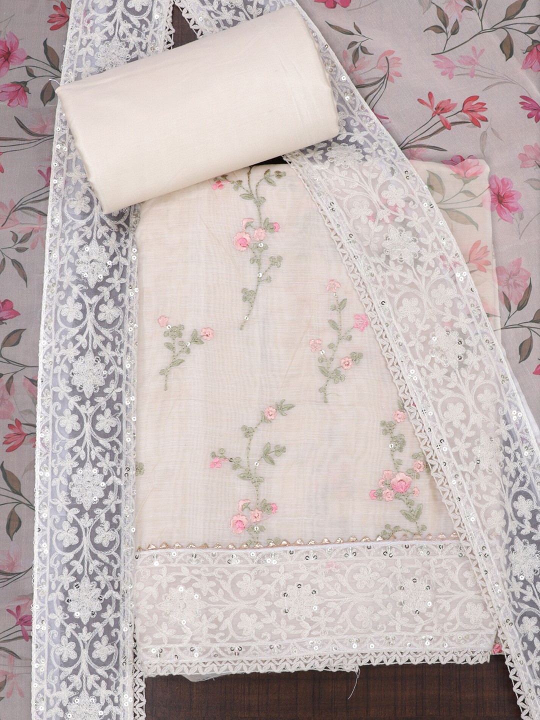 

SALWAR STUDIO Floral Embroidered Sequinned Unstitched Dress Material, Beige