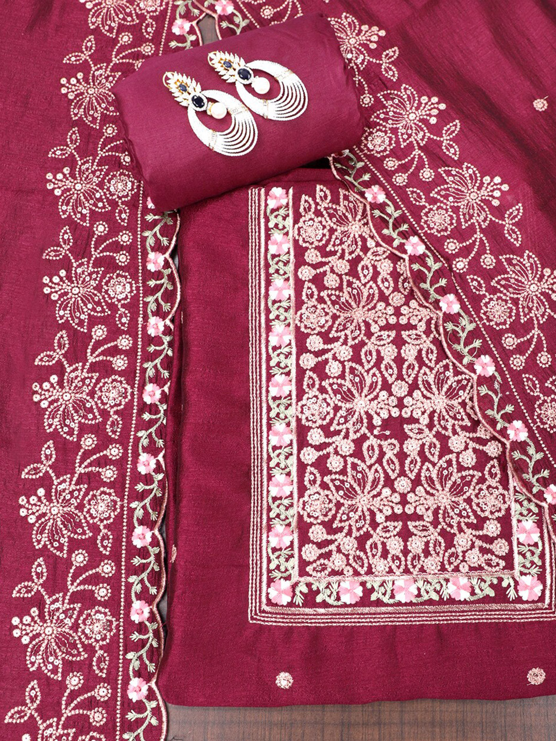 

SALWAR STUDIO Floral Embroidered Unstitched Dress Material, Burgundy