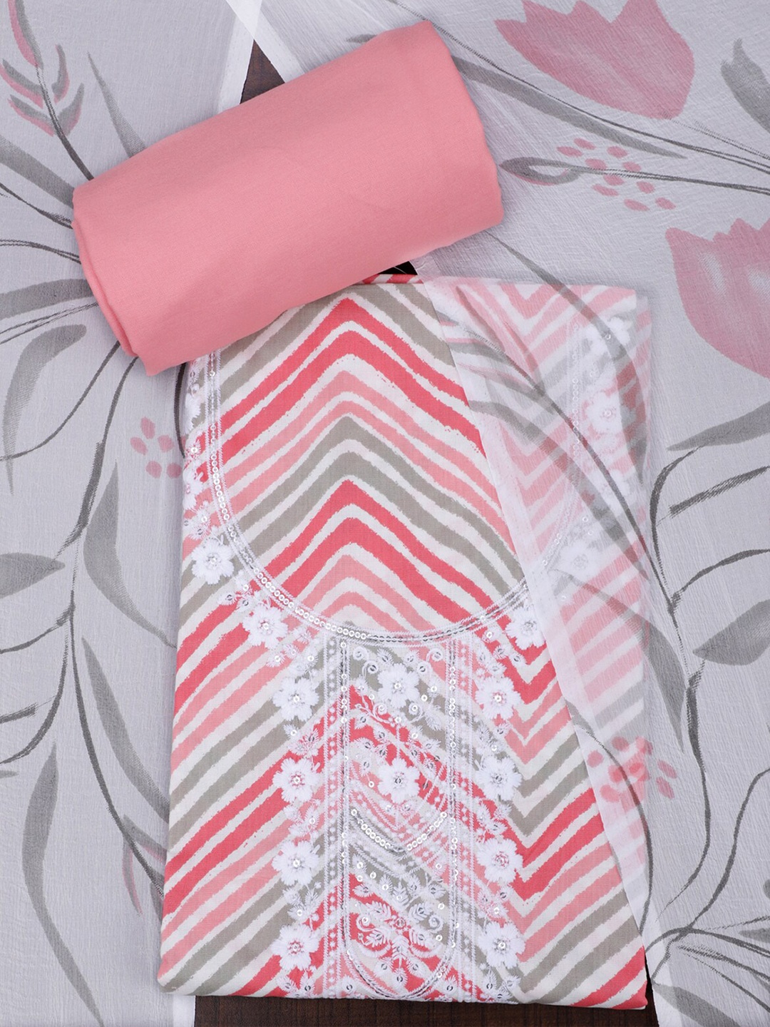 

SALWAR STUDIO Chevron Printed Sequinned Pure Cotton Unstitched Dress Material, Peach