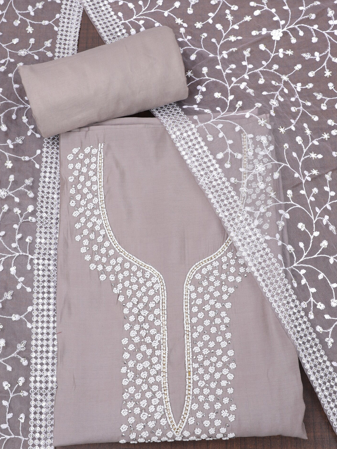 

SALWAR STUDIO Ethnic Motifs Embroidered Beads and Stones Unstitched Dress Material, Taupe