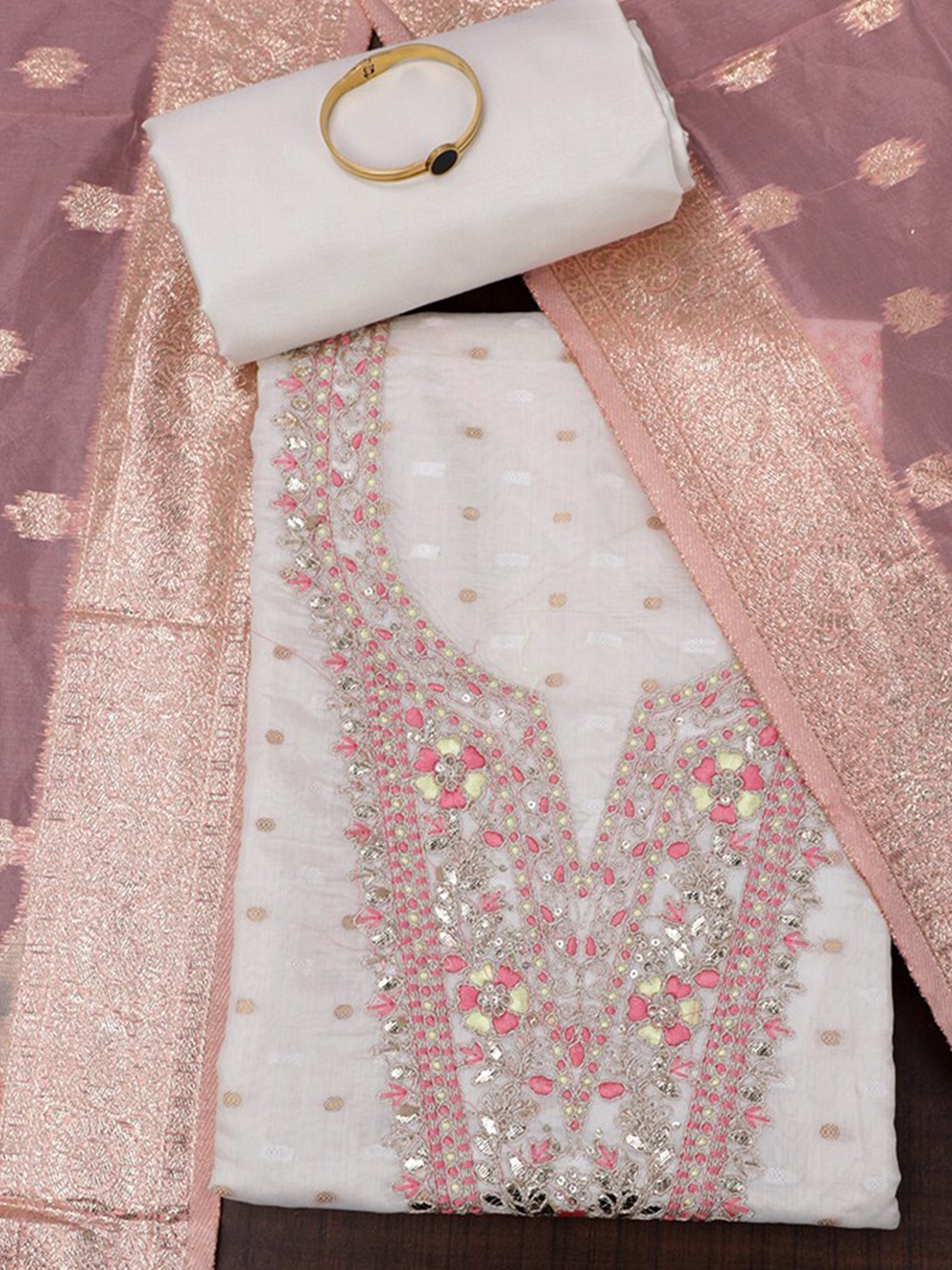 

SALWAR STUDIO Ethnic Motifs Embroidered Sequinned Unstitched Dress Material, Off white