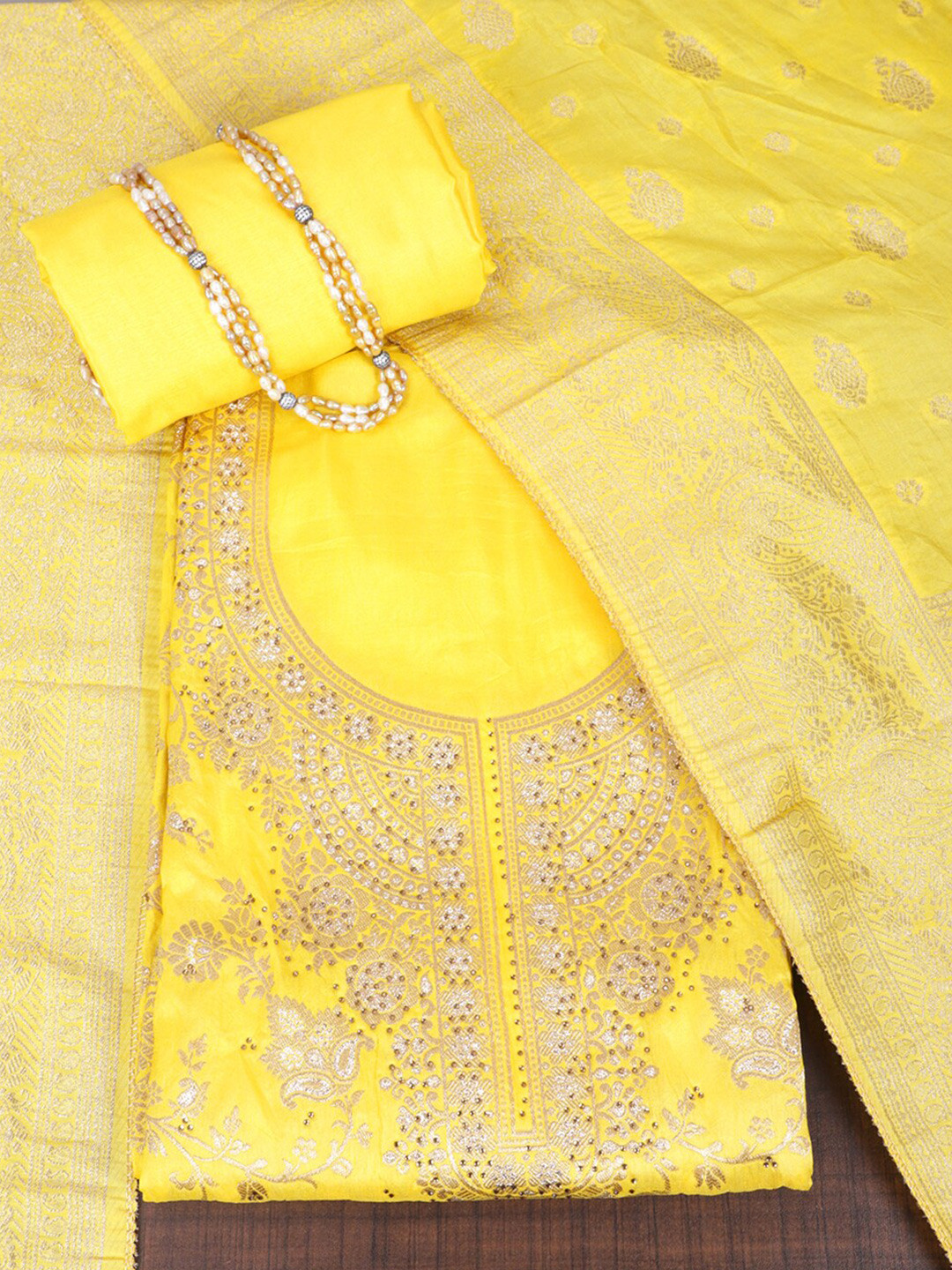 

SALWAR STUDIO Ethnic Motifs Woven Design Unstitched Dress Material, Yellow
