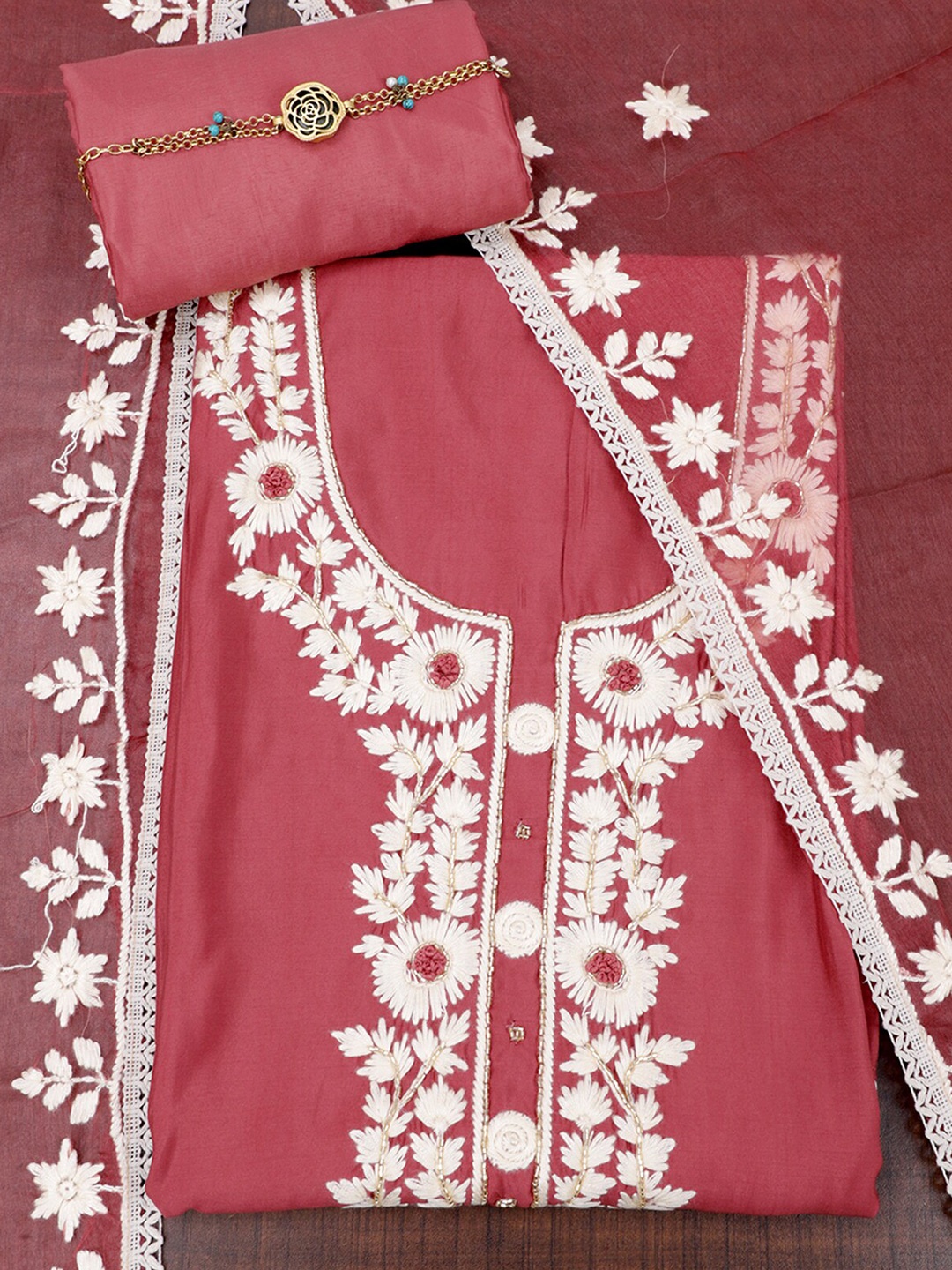 

SALWAR STUDIO Floral Embroidered Pure Silk Unstitched Dress Material, Mauve
