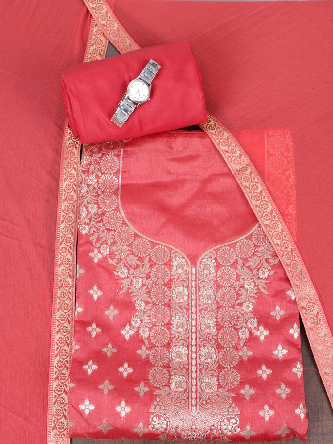 

SALWAR STUDIO Ethnic Motifs Woven Design Unstitched Dress Material, Red