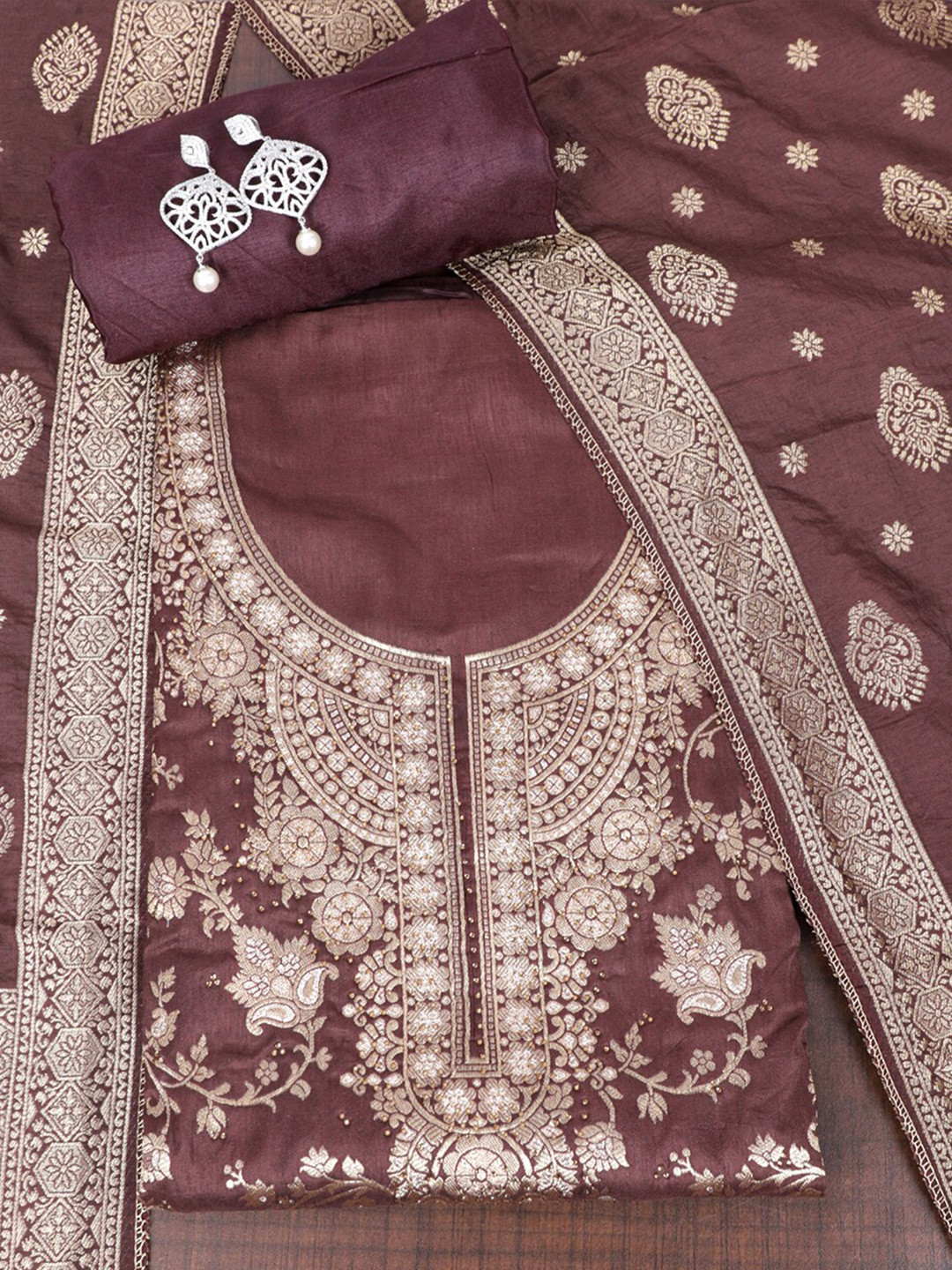 

SALWAR STUDIO Ethnic Motifs Woven Design Unstitched Dress Material, Brown