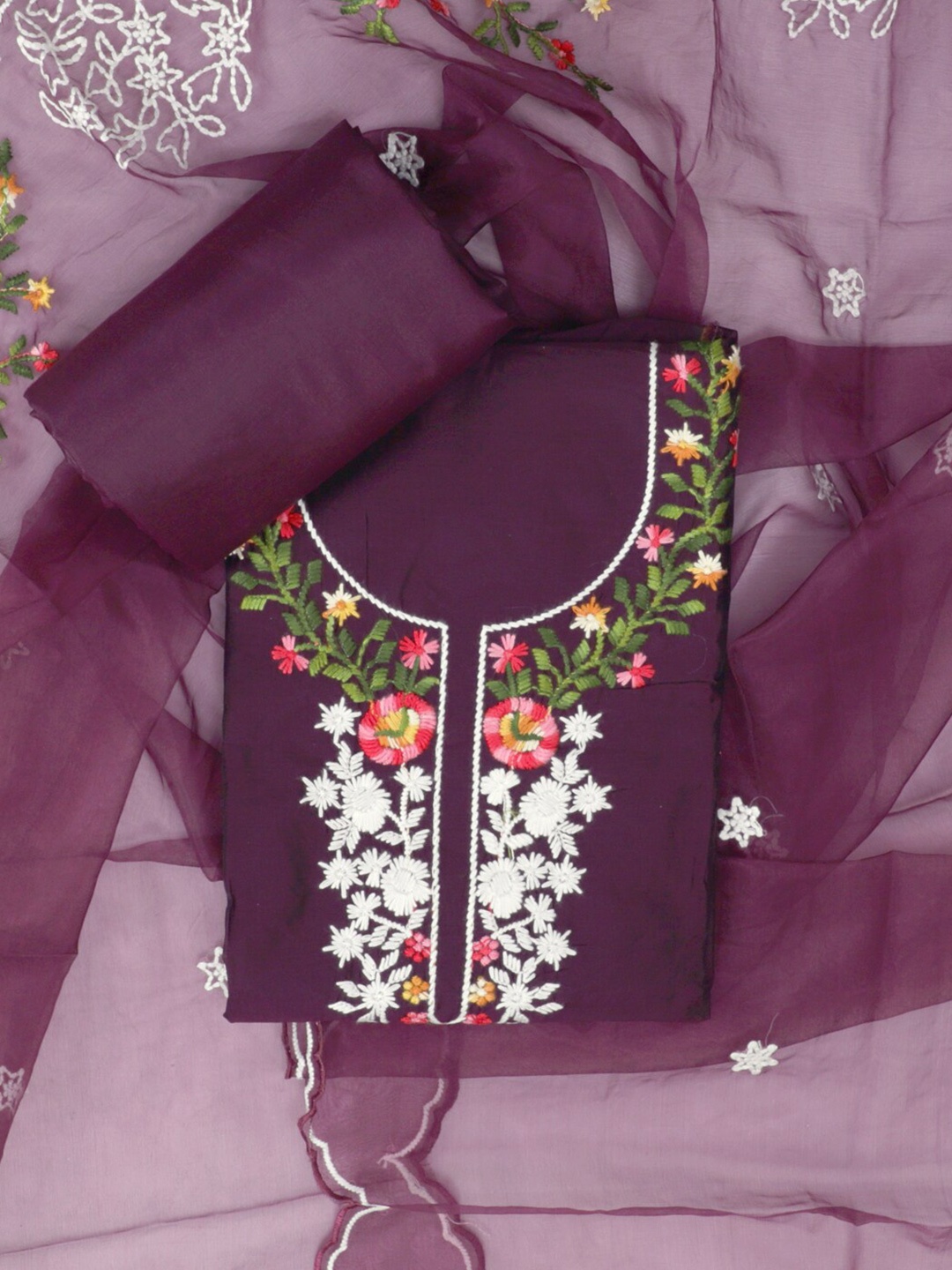 

SALWAR STUDIO Floral Embroidered Unstitched Dress Material, Burgundy