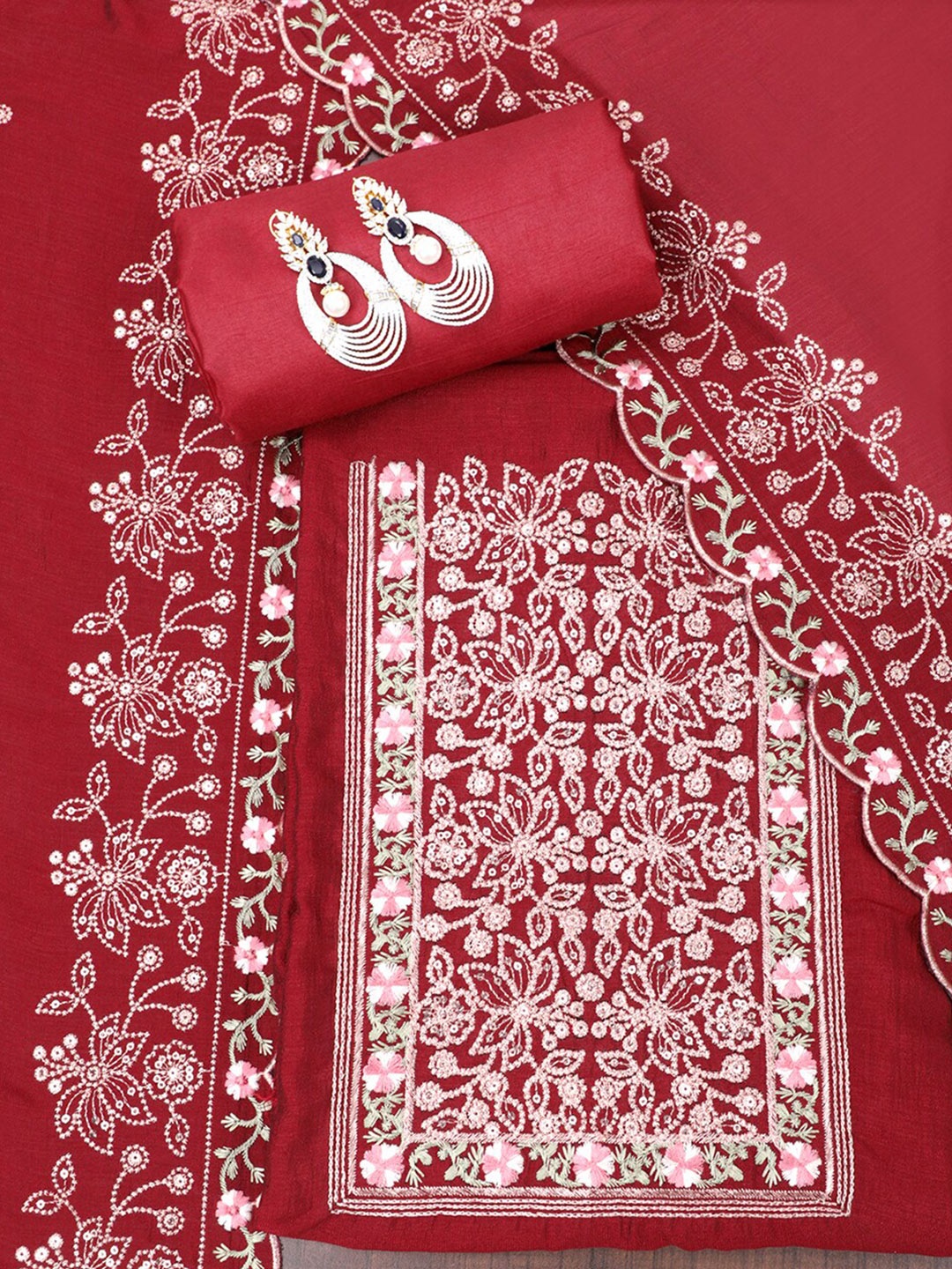 

SALWAR STUDIO Floral Embroidered Unstitched Dress Material, Maroon