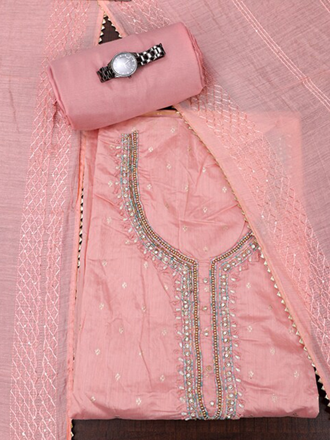 

SALWAR STUDIO Floral Embroidered Beads and Stones Unstitched Dress Material, Peach