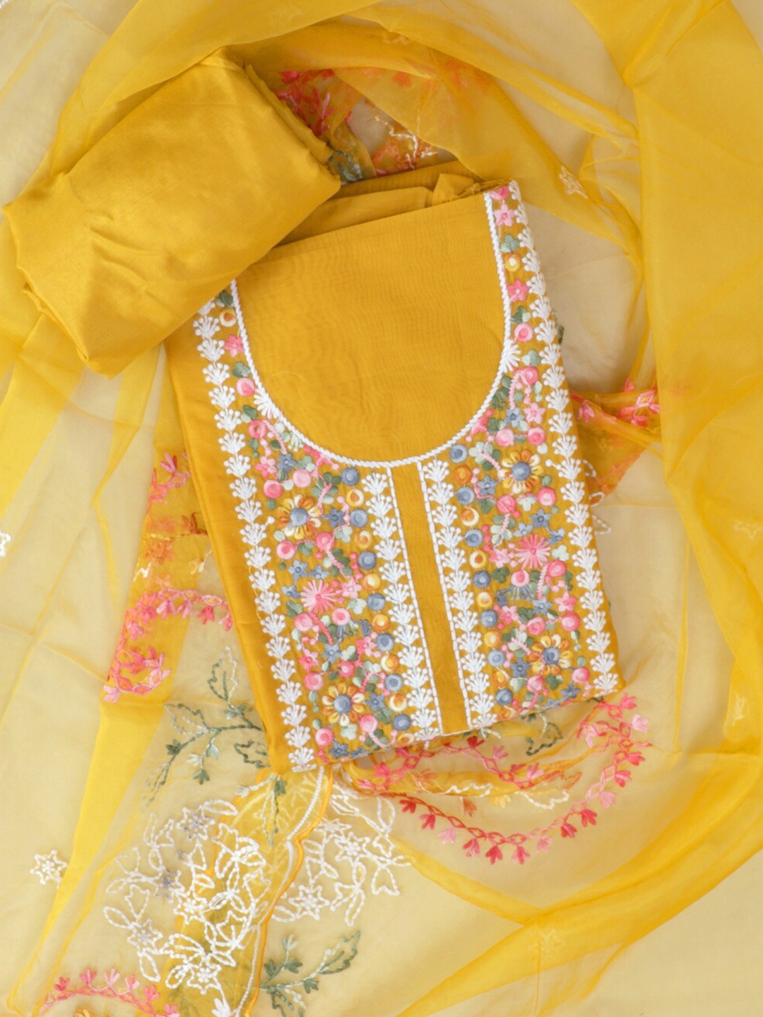 

SALWAR STUDIO Floral Embroidered Sequinned Unstitched Dress Material, Mustard