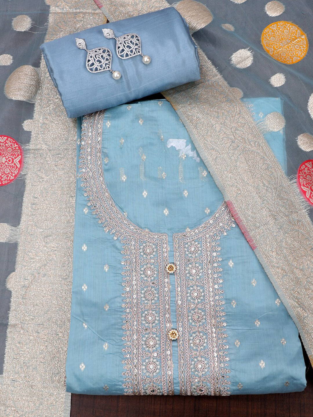 

SALWAR STUDIO Ethnic Motifs Embroidered Sequinned Unstitched Dress Material, Blue