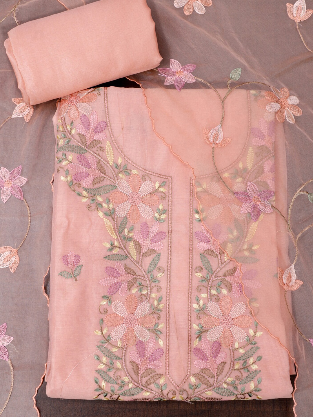 

SALWAR STUDIO Floral Embroidered Pure Cotton Unstitched Dress Material, Peach