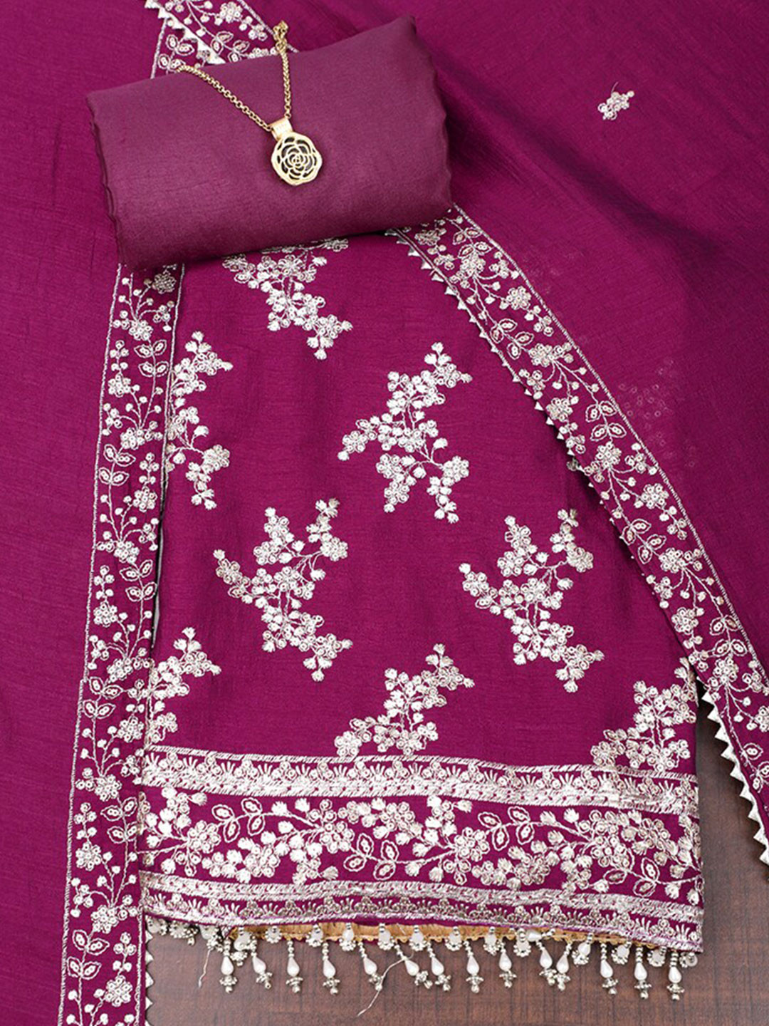 

SALWAR STUDIO Floral Embroidered Sequinned Raw Silk Unstitched Dress Material, Purple